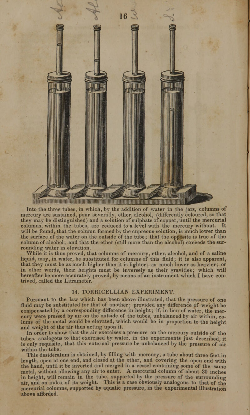 Into the three tubes, in which, by the addition of water in the jars, columns of mercury are sustained, pour severally, ether, alcohol, (differently coloured, so that they may be distinguished) and a solution of sulphate of copper, until the mercurial columns, within the tubes, are reduced to a level with the mercury without. It will be found, that the column formed by the cupreous solution, is much lower than the surface of the water on the outside of the tube; that the opposite is true of the column of alcohol; and that the ether (still more than the alcohol) exceeds the sur- rounding water in elevation. While it is thus proved, that columns of mercury, ether, alcohol, and of a saline liquid, may, in water, be substituted for columns of this fluid; it is also apparent, that they must be as much higher than it is lighter; as much lower as heavier; or in other words, their heights must be inversely as their gravities; which will hereafter be more accurately proved, by means of an instrument which I have con- trived, called the Litrameter. 14. TORRICELLIAN EXPERIMENT. Pursuant to the law which has been above illustrated, that the pressure of one fluid may be substituted for that of another; provided any difference of weight be compensated by a corresponding difference in height; if, in lieu of water, the mer- cury were pressed by air on the outside of the tubes, unbalanced by air within, co- lums of the metal would be elevated, which would be in proportion to the height and weight of the air thus acting upon it. In order to show that the air exercises a pressure on the mercury outside of the tubes, analogous to that exercised by water, in the experiments just described, it is only requisite, that this external pressure be unbalanced by the pressure of air within the tube. This desideratum is obtained, by filling with mercury, a tube about three feet in length, open at one end, and closed at the other, and covering the open end with the hand, until it be inverted and merged in a vessel containing some of the same metal, without allowing any air to enter. A mercurial column of about 30 inches in height, will remain in the tube, supported by the pressure of the surrounding air, and an index of its weight. This is a case obviously analogous to that of the mercurial columns, supported by aquatic pressure, in the experimental illustration above afforded.