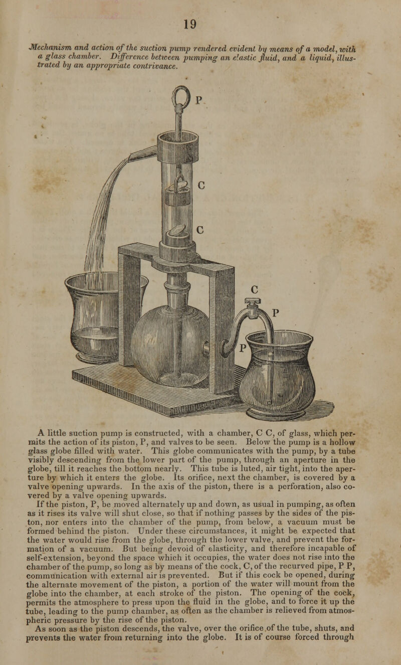 Mechanism and action of the suction pump rendered evident by means of a model, with a glass chamber. Difference behceen pumping an elastic fluid, and a liquid, illus- trated by an appropriate contrivance. A little suction pump is constructed, with a chamber, C C, of glass, which per- mits the action of its piston, P, and valves to be seen. Below the pump is a hollow glass globe filled with water. This globe communicates with the pump, by a tube visibly descending from the lower part of the pump, through an aperture in the globe, till it reaches the bottom nearly. This tube is luted, air tight, into the aper- ture by which it enters the globe. Its orifice, next the chamber, is covered by a valve opening upwardb. In the axis of the piston, there is a perforation, also co- vered by a valve opening upwards. If the piston, P, be moved alternately up and down, as usual in pumping, as often as it rises its valve will shut close, so that if nothing passes by the sides of the pis- ton, nor enters into the chamber of the pump, from below, a vacuum must be formed behind the piston. Under these circumstances, it might be expected that the water would rise from the globe, through the lower valve, and prevent the for- mation of a vacuum. But being devoid of elasticity, and therefore incapable of self-extension, beyond the space which it occupies, the water does not rise into the chamber of the pump, so long as by means of the cock, C, of the recurved pipe, P P, communication with external air is prevented. But if this cock be opened, during the alternate movement of the piston, a portion of the water will mount from the globe into the chamber, at each stroke of the piston. The opening of the cock, permits the atmosphere to press upon the fluid in the globe, and to force it up the tube, leading to the pump chamber, as often as the chamber is relieved from atmos- pheric pressure by the rise of the piston. As soon as the piston descends, the valve, over the orifice of the tube, shuts, and prevents the water from returning into the globe. It is of course forced through