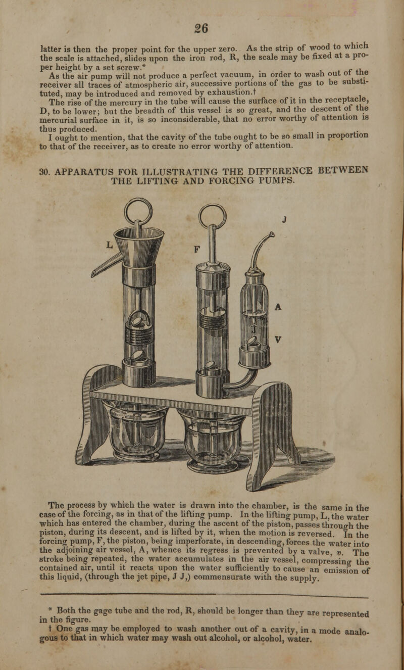 latter is then the proper point for the upper zero. As the strip of wood to which the scale is attached, slides upon the iron rod, R, the scale may be fixed at a pro- per height by a set screw.* _ As the air pump will not produce a perfect vacuum, in order to wash out ot tne receiver all traces of atmospheric air, successive portions of the gas to be substi- tuted, may be introduced and removed by exhaustion.t The rise of the mercury in the tube will cause the surface of it in the receptacle, D, to be lower; but the breadth of this vessel is so great, and the descent of the mercurial surface in it, is so inconsiderable, that no error worthy of attention is thus produced. I ought to mention, that the cavity of the tube ought to be so small in proportion to that of the receiver, as to create no error worthy of attention. 30. APPARATUS FOR ILLUSTRATING THE DIFFERENCE BETWEEN THE LIFTING AND FORCING PUMPS. JS, SHE—*- j TTHIIIIHliiii'iiiNiiiii I>•.»••••, ™ iiV The process by which the water is drawn into the chamber, is the same in the case of the forcing, as in that of the lifting pump. In the lifting pump, L the water which has entered the chamber, during the ascent of the piston, passes through the piston, during its descent, and is lifted by it, when the motion is reversed. In the forcing pump, F, the piston, being imperforate, in descending, forces the water into the adjoining air vessel, A, whence its regress is prevented by a valve v. The stroke being repeated, the water accumulates in the air vessel, compressing the contained air, until it reacts upon the water sufficiently to cause an emission of this liquid, (through the jet pipe, J J,) commensurate with the supply. * Both the gage tube and the rod, R, should be longer than they are represented in the figure. t One gas may be employed to wash another out of a cavity, in a mode analo- gous to that in which water may wash out alcohol, or alcohol, water.