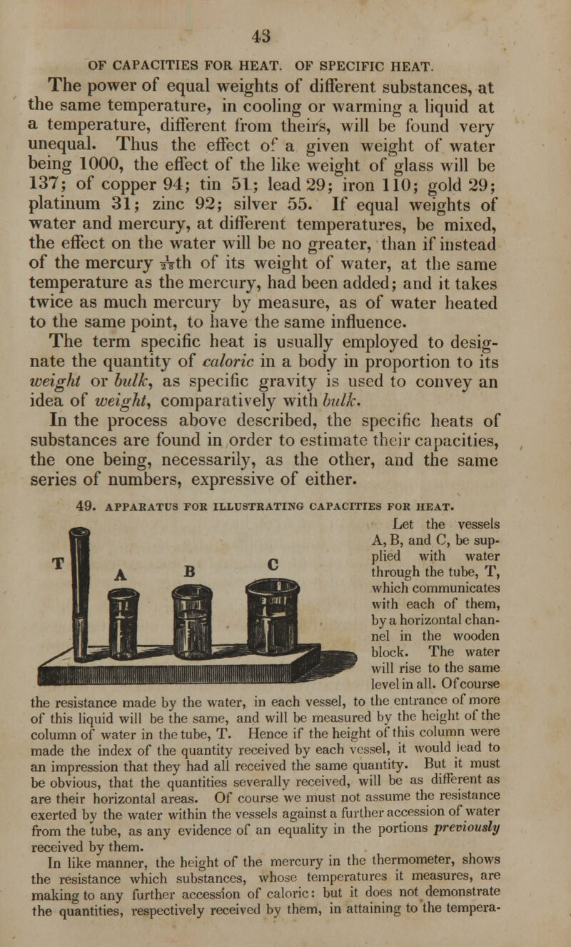 OF CAPACITIES FOR HEAT. OF SPECIFIC HEAT. The power of equal weights of different substances, at the same temperature, in cooling or warming a liquid at a temperature, different from theirs, will be found very unequal. Thus the effect of a given weight of water being 1000, the effect of the like weight of glass will be 137; of copper 94; tin 51; lead 29; iron 110; gold 29; platinum 31; zinc 92; silver 55. If equal weights of water and mercury, at different temperatures, be mixed, the effect on the water will be no greater, than if instead of the mercury iVth of its weight of water, at the same temperature as the mercury, had been added; and it takes twice as much mercury by measure, as of water heated to the same point, to have the same influence. The term specific heat is usually employed to desig- nate the quantity of caloric in a body in proportion to its weight or bulk, as specific gravity is used to convey an idea of weight, comparatively with bulk. In the process above described, the specific heats of substances are found in order to estimate their capacities, the one being, necessarily, as the other, and the same series of numbers, expressive of either. 49. APPARATUS FOE ILLUSTRATING CAPACITIES FOR HEAT. Let the vessels A, B, and C, be sup- plied with water through the tube, T, which communicates with each of them, by a horizontal chan- nel in the wooden block. The water will rise to the same level in all. Of course the resistance made by the water, in each vessel, to the entrance of more of this liquid will be the same, and will be measured by the height of the column of water in the tube, T. Hence if the height of this column were made the index of the quantity received by each vessel, it would iead to an impression that they had all received the same quantity. But it must be obvious, that the quantities severally received, will be as different as are their horizontal areas. Of course we must not assume the resistance exerted by the water within the vessels against a further accession of water from the tube, as any evidence of an equality in the portions previously received by them. In like manner, the height of the mercury in the thermometer, shows the resistance which substances, whose temperatures it measures, are making to any further accession of caloric: but it does not demonstrate the quantities, respectively received by them, in attaining to the tempera-
