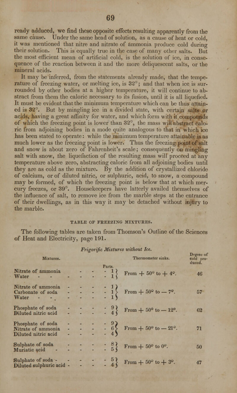 ready adduced, we find these opposite effects resulting apparently from the same cause. Under the same head of solution, as a cause of heat or cold, it was mentioned that nitre and nitrate of ammonia produce cold during their solution. This is equally true in the case of many other salts. But the most efficient mean of artificial cold, is the solution of ice, in conse- quence of the reaction between it and the more deliquescent salts, or the mineral acids. It may be inferred, from the statements already made, that the tempe- rature of freezing water, or melting ice, is 32°; and that when ice is sur- rounded by other bodies at a higher temperature, it will continue to ab- stract from them the caloric necessary to its fusion, until it is all liquefied. It must be evident that the minimum temperature which can be thus attain- ed is 32°. But by mingling ice in a divided state, with certain salts or acids, having a great affinity for water, and which form with it compounds of which the freezing point is lower than 32°, the mass will abstract calo- ric from adjoining bodies in a mode quite analogous to that in which ice has been stated to operate: while the minimum temperature attainable is as much lower as the freezing point is lower. Thus the freezing point of salt and snow is about zero of Fahrenheit's scale; consequently on mingling salt with snow, the liquefaction of the resulting mass will proceed at any temperature above zero, abstracting caloric from all adjoining bodies until they are as cold as the mixture. By the addition of crystallized chloride of calcium, or of diluted nitric, or sulphuric, acid, to snow, a compound may be formed, of which the freezing point is below that at which mer- cury freezes, or 39°. Housekeepers have latterly availed themselves of the influence of salt, to remove ice from the marble steps at the entrance of their dwellings, as in this way it may be detached without injury to the marble. TABLE OF FREEZING MIXTURES. The following tables are taken from Thomson's Outline of the of Heat and Electricity, page 191. Mixtures. Parts. Nitrate of ammonia - 1 Water - - - - - 1 Nitrate of ammonia - 1 Carbonate of soda - 1 Water - - - - 1 Phosphate of soda - 9 Diluted nitric acid - 4 Phosphate of soda - 9 Nitrate of ammonia - 6 Diluted nitric acid - 4 Sulphate of soda - 8 - 5 - 5 Diluted sulphuric acid - - 4 Frigorific Mixtures without Ice. Thermometer sinks. From + 50° to + 4°. From + 50° to — 7°. From -f 50° to — 12°. From + 50° to — 21°. From + 50° to 0°. From + 50° to + 3°. Sciences Degree of cold pro- duced. 46 57 62 71 50 47