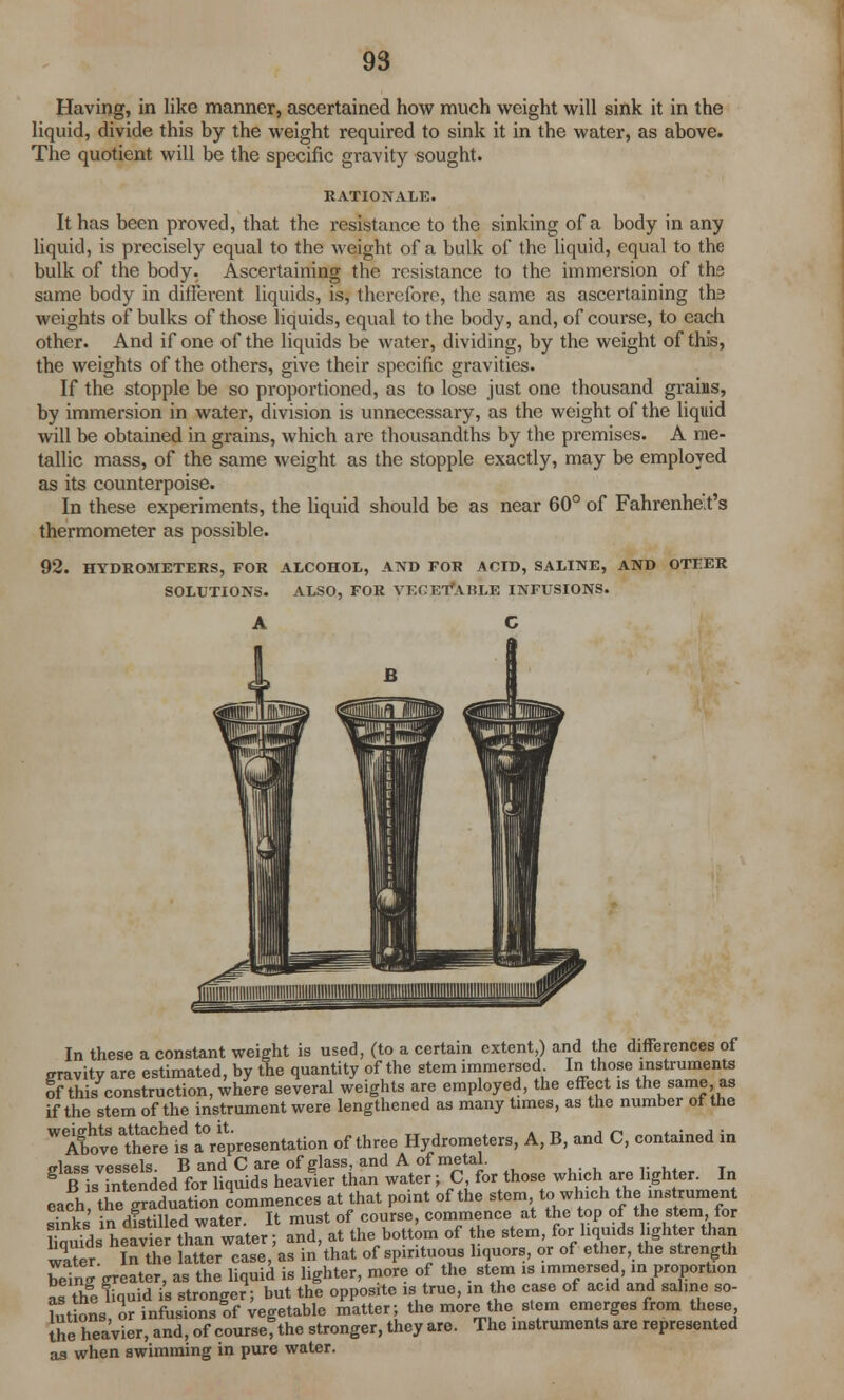 Having, in like manner, ascertained how much weight will sink it in the liquid, divide this by the weight required to sink it in the water, as above. The quotient will be the specific gravity sought. RATIONALE. It has been proved, that the resistance to the sinking of a body in any liquid, is precisely equal to the weight of a bulk of the liquid, equal to the bulk of the body. Ascertaining the resistance to the immersion of the same body in different liquids, is, therefore, the same as ascertaining ths weights of bulks of those liquids, equal to the body, and, of course, to each other. And if one of the liquids be water, dividing, by the weight of this, the weights of the others, give their specific gravities. If the stopple be so proportioned, as to lose just one thousand grains, by immersion in water, division is unnecessary, as the weight of the liquid will be obtained in grains, which are thousandths by the premises. A me- tallic mass, of the same weight as the stopple exactly, may be employed as its counterpoise. In these experiments, the liquid should be as near 60° of Fahrenheit's thermometer as possible. 92. HYDROMETERS, FOR ALCOHOL, AND FOR ACID, SALINE, AND OTF.ER SOLUTIONS. ALSO, FOR VEGETABLE INFUSIONS. In these a constant weight is used, (to a certain extent,) and the differences of eravitv are estimated, by the quantity of the stem immersed In those instruments of this construction, where several weights are employed, the effect is the same as if the stem of the instrument were lengthened as many times, as the number ot the Wlfol?tnereeis Representation of three Hydrometers, A, B, and C, contained in <r1a«« vpq^els B and C are of glass, and A of metal. B is fntended for liquids heavier than water; C for those which are lighter. In each the graduation commences at that point of the stem to which the instrument eacn, ™e Jt t of course, commence at the top of the stem, for «s hetv e a'nd, at the bottom of the stem, for liquids lighter than water In the latter case, as in that of spirituous liquors, or of ether, the strength beins'greater, as the liquid is lighter, more of the stem is immersed, in proportion as 3fe liquid is stronger; but the opposite is true, in the case of acid and sahne so- lutions, or infusions of vegetable matter; the more the stem emerges from these the heavier, and, of course, the stronger, they are. The instruments are represented as when swimming in pure water.