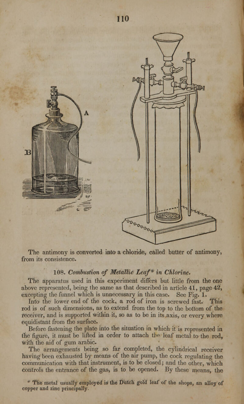 The antimony is converted into a chloride, called butter of antimony, from its consistence. 108. Combustion of Metallic Leaf* in Chlorine. The apparatus used in this experiment differs but little from the one above represented, being the same as that described in article 41, page 42, excepting the funnel which is unnecessary in this case. See Fig. 1. Into the lower end of the cock, a rod of iron is screwed fast. This rod is of such dimensions, as to extend from the top to the bottom of the receiver, and is supported within it, so as to be in its axis, or every where equidistant from the surface. Before fastening the plate into the situation in which it is represented in the figure, it must be lifted in order to attach the leaf metal to the rod, with the aid of gum arabic. The arrangements being so far completed, the cylindrical receiver having been exhausted by means of the air pump, the cock regulating the communication with that instrument, is to be closed; and the other, which controls the entrance of the gas, is to be opened. By these means, the * The metal usually employed is the Dutch gold leaf of the shops, an alloy of copper and zinc principally.