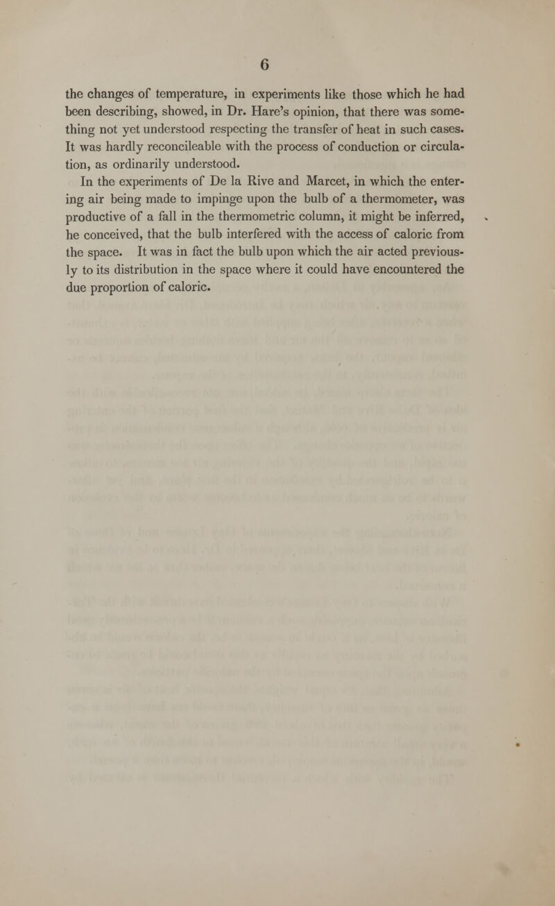 the changes of temperature, in experiments like those which he had been describing, showed, in Dr. Hare's opinion, that there was some- thing not yet understood respecting the transfer of heat in such cases. It was hardly reconcileable with the process of conduction or circula- tion, as ordinarily understood. In the experiments of De la Rive and Marcet, in which the enter- ing air being made to impinge upon the bulb of a thermometer, was productive of a fall in the thermometric column, it might be inferred, he conceived, that the bulb interfered with the access of caloric from the space. It was in fact the bulb upon which the air acted previous- ly to its distribution in the space where it could have encountered the due proportion of caloric.