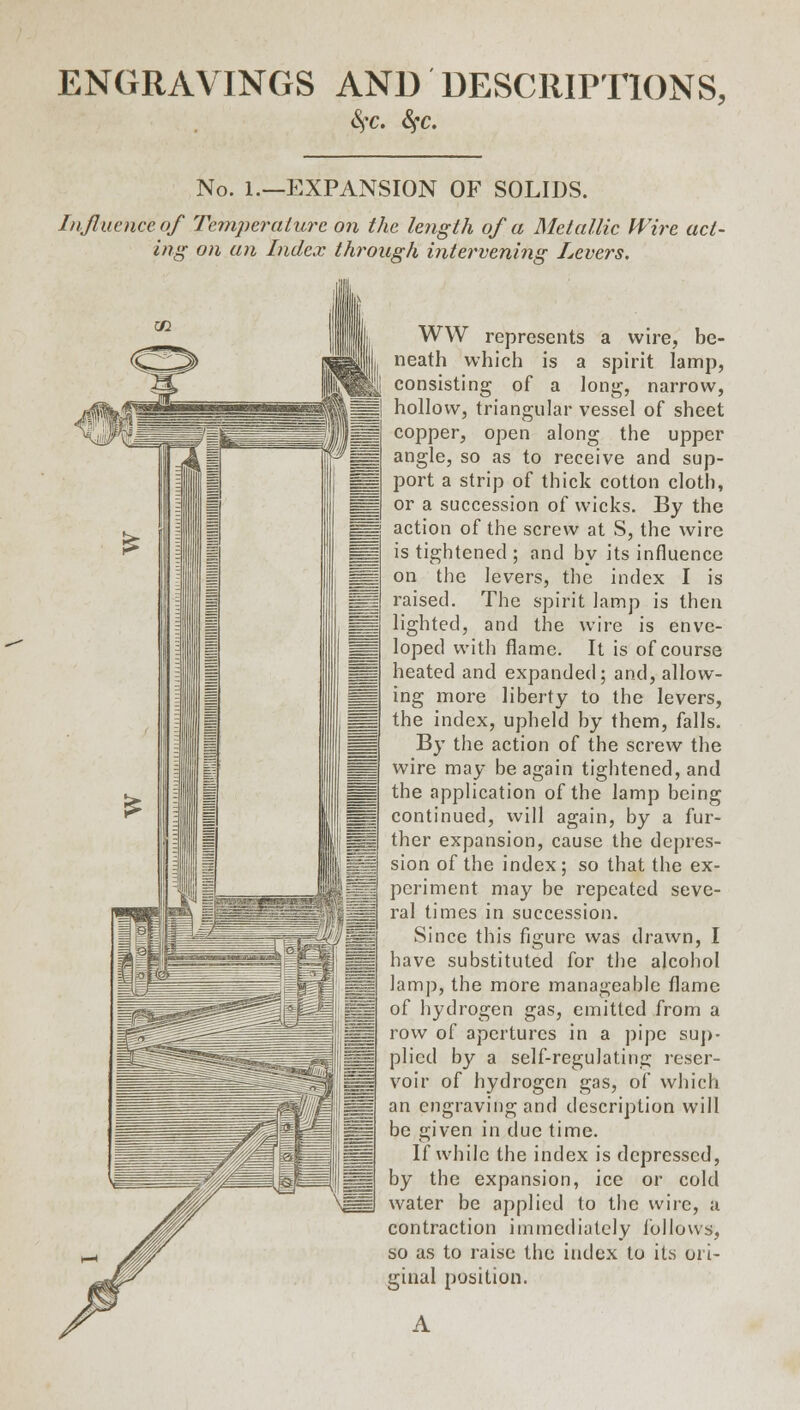 ENGRAVINGS AND DESCRIPTIONS, 8?c. fyc. No. 1—EXPANSION OF SOLIDS. Influence of Temperature on the length of a Metallic Wire act- ing on an Index through intervening Levers. WW represents a wire, be- neath which is a spirit lamp, consisting of a long, narrow, |j hollow, triangular vessel of sheet copper, open along the upper |U| angle, so as to receive and sup- jjj port a strip of thick cotton cloth, JH or a succession of wicks. By the action of the screw at S, the wire is tightened ; and by its influence on the levers, the index I is raised. The spirit lamp is then lighted, and the wire is enve- loped with flame. It is of course heated and expanded; and, allow- ing more liberty to the levers, the index, upheld by them, falls. By the action of the screw the wire may be again tightened, and the application of the lamp being continued, will again, by a fur- ther expansion, cause the depres- sion of the index; so that the ex- periment may be repeated seve- ral times in succession. Since this figure was drawn, I have substituted for the ajcohol lamp, the more manageable flame of hydrogen gas, emitted from a row of apertures in a pipe sup- plied by a self-regulating reser- voir of hydrogen gas, of which an engraving and description will be given in due time. If while the index is depressed, by the expansion, ice or cold water be applied to the wire, a contraction immediately follows, so as to raise the index to its ori- ginal position.