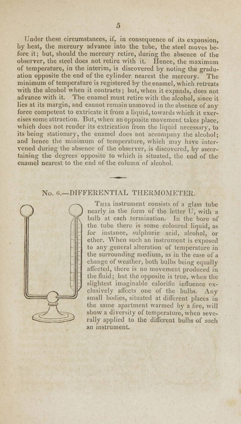 by heat, the mercury advance into the tube, the steel moves be- fore it; but, should the mercury retire, during the absence of the observer, the steel does not retire with it. Hence, the maximum of temperature, in the interim, is discovered by noting the gradu- ation opposite the end of the cylinder nearest the mercury. The minimum of temperature is registered by the enamel, which retreats with the alcohol when it contracts; but, when it expands, does not advance with it. The enamel must retire with the alcohol, since it lies at its margin, and cannot remain unmoved in the absence of any force competent to extricate it from a liquid, towards which it exer- cises some attraction. But, when an opposite movement takes place, which does not render its extrication from the liquid necessary, to its being stationary, the enamel does not accompany the alcohol; and hence the minimum of temperature, which may have inter- vened during the absence of the observer, is discovered, by ascer- taining the degrees opposite to which is situated, the end of the enamel nearest to the end of the column of alcohol. Q No. o\—DIFFERENTIAL THERMOMETER. This instrument consists of a glass tube nearly in the form of the letter U, with a bulb at each termination. In the bore of the tube there is some coloured liquid, as for instance, sulphuric acid, alcohol, or ether. When such an instrument is exposed to any general alteration of temperature in the surrounding medium, as in the case of a change of weather, both bulbs being equally affected, there is no movement produced in the fluid; but the opposite is true, when the slightest imaginable calorific influence ex- ' clusively affects one of the bulbs. Any small bodies, situated at different places in the same apartment warmed by a lire, will show a diversity of temperature, when seve- rally applied to the different bulbs of such an instrument.