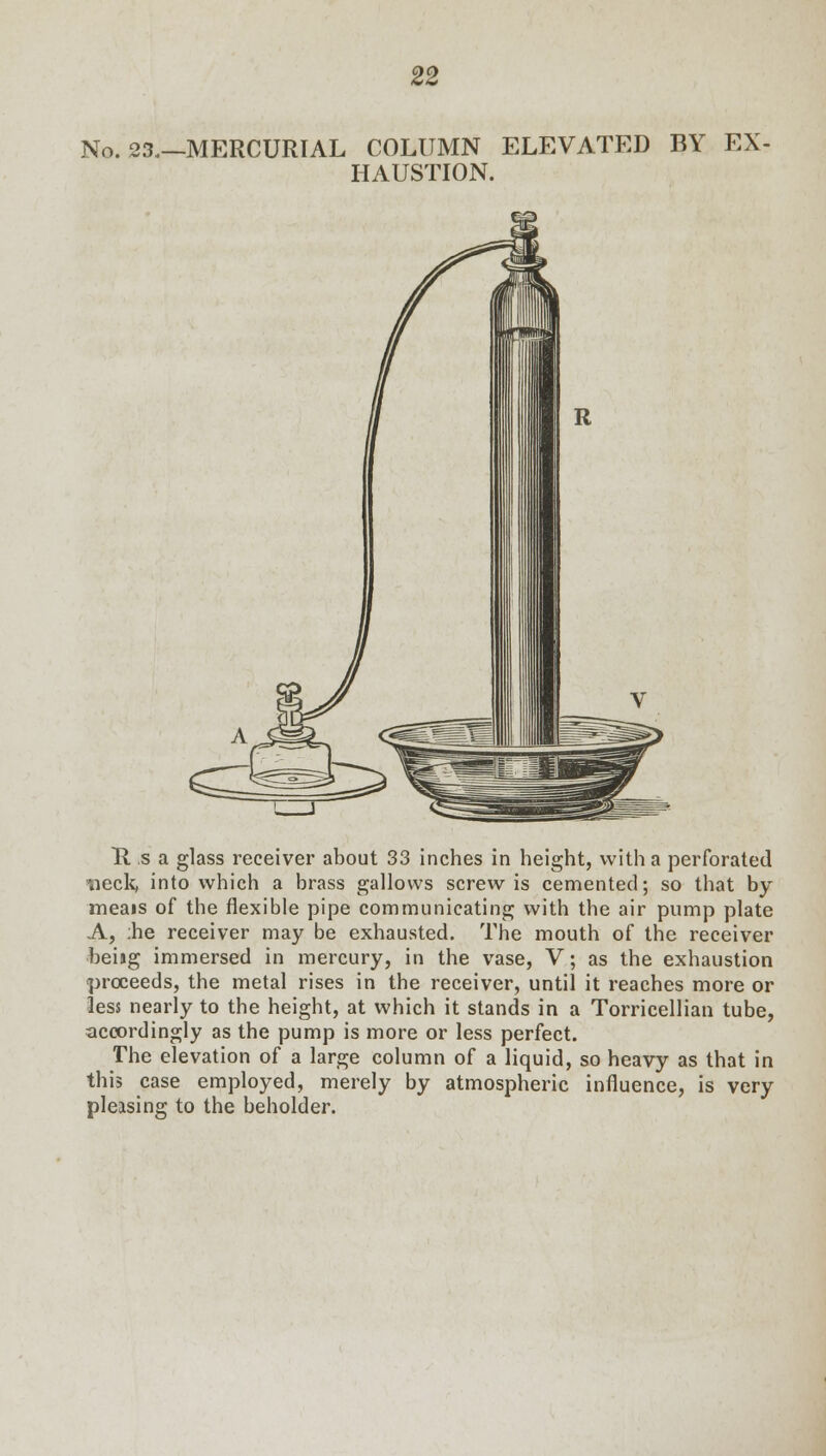 No. 23.—MERCURIAL COLUMN ELEVATED BY EX- HAUSTION. H s a glass receiver about 33 inches in height, with a perforated tieck, into which a brass gallows screw is cemented; so that by meais of the flexible pipe communicating with the air pump plate A, :he receiver may be exhausted. The mouth of the receiver being immersed in mercury, in the vase, V; as the exhaustion proceeds, the metal rises in the receiver, until it reaches more or less nearly to the height, at which it stands in a Torricellian tube, accordingly as the pump is more or less perfect. The elevation of a large column of a liquid, so heavy as that in this case employed, merely by atmospheric influence, is very pleasing to the beholder.