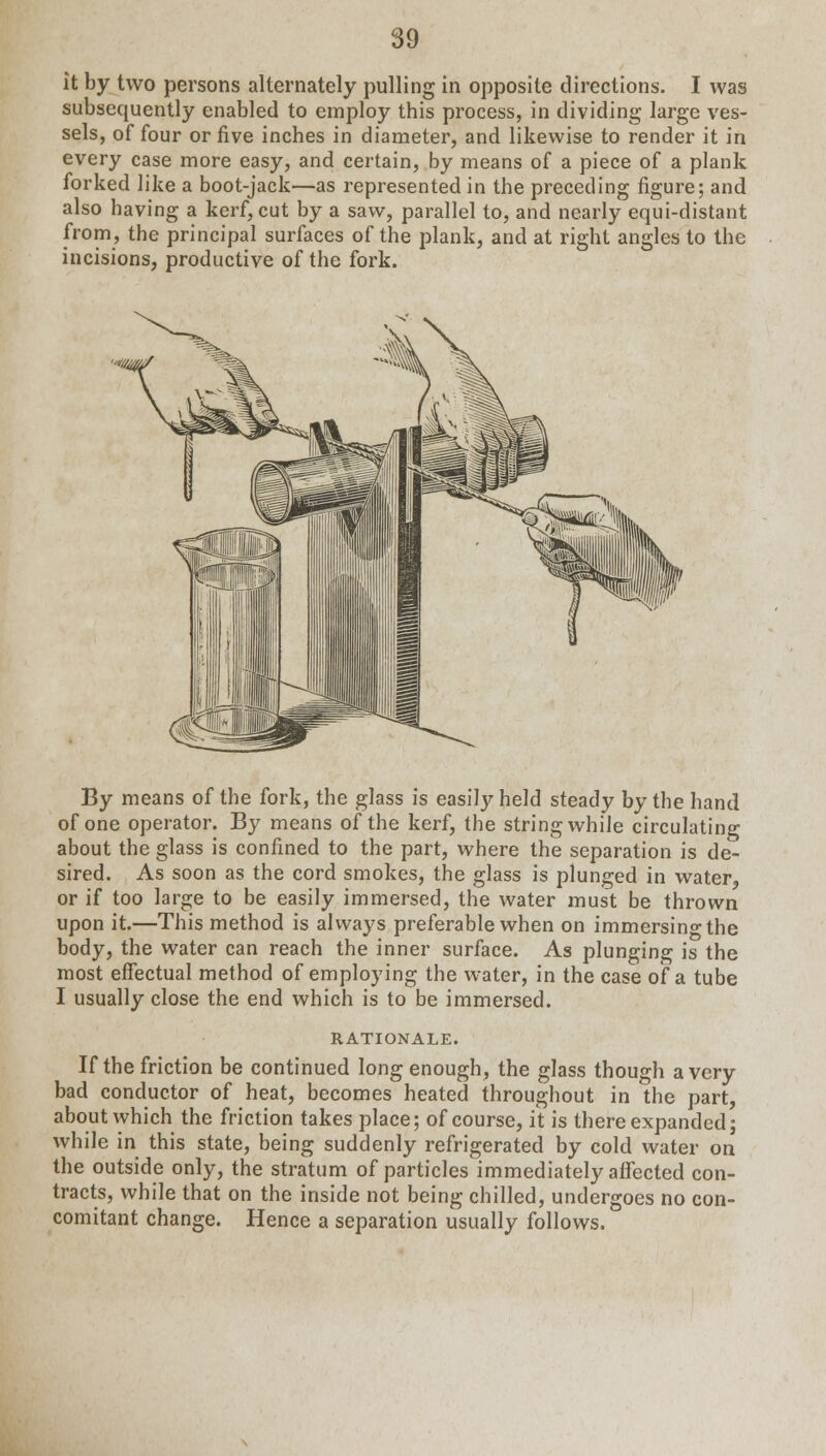 it by two persons alternately pulling in opposite directions. I was subsequently enabled to employ this process, in dividing large ves- sels, of four or five inches in diameter, and likewise to render it in every case more easy, and certain, by means of a piece of a plank forked like a boot-jack—as represented in the preceding figure; and also having a kerf, cut by a saw, parallel to, and nearly equi-distant from, the principal surfaces of the plank, and at right angles to the incisions, productive of the fork. By means of the fork, the glass is easily held steady by the hand of one operator. By means of the kerf, the string while circulating about the glass is confined to the part, where the separation is de- sired. As soon as the cord smokes, the glass is plunged in water or if too large to be easily immersed, the water must be thrown upon it.—This method is always preferable when on immersing the body, the water can reach the inner surface. As plunging is the most effectual method of employing the water, in the case of a tube I usually close the end which is to be immersed. RATIONALE. If the friction be continued long enough, the glass though a very bad conductor of heat, becomes heated throughout in the part, about which the friction takes place; of course, it is there expanded; while in this state, being suddenly refrigerated by cold water on the outside only, the stratum of particles immediately affected con- tracts, while that on the inside not being chilled, undergoes no con- comitant change. Hence a separation usually follows.