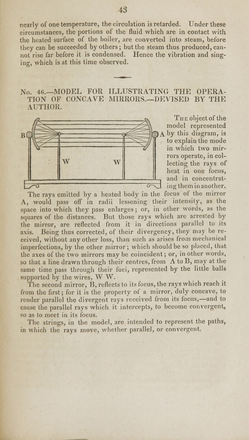 nearly of one temperature, the circulation is retarded. Under these circumstances, the portions of the fluid which are in contact with the heated surface of the boiler, are converted into steam, before they can be succeeded by others; but the steam thus produced, can- not rise far before it is condensed. Hence the vibration and sing- ins, which is at this time observed. No. 46.—MODEL FOR ILLUSTRATING THE OPERA- TION OF CONCAVE MIRRORS.—DEVISED BY THE AUTHOR. The object of the model represented A. by this diagram, is to explain the mode in which two mir- rors operate, in col- lecting the rays of heat in one focus, and in concentrat- ing them in another. The rays emitted by a heated body in the focus of the mirror A, would pass off in radii lessening their intensity, as the space into which they pass enlarges; or, in other words, as the squares of the distances. But those rays which are arrested by the mirror, are reflected from it in directions parallel to its axis. Being thus corrected, of their divergency, they may be re- ceived, without any other loss, than such as arises from mechanical imperfections, by the other mirror; which should be so placed, that the axes of the two mirrors maybe coincident; or, in other words, so that a line drawn through their centres, from A to B, may at the same time pass through their foci, represented by the little balls supported by the wires, W W. The second mirror, B, reflects to its focus, the rays which reach it from the first; for it is the property of a mirror, duly concave, to render parallel the divergent rays received from its focus,—and to cause the parallel rays which it intercepts, to become convergent, so as to meet in its focus. The strings, in the model, are intended to represent the paths, in which the rays move, whether parallel, or convergent.