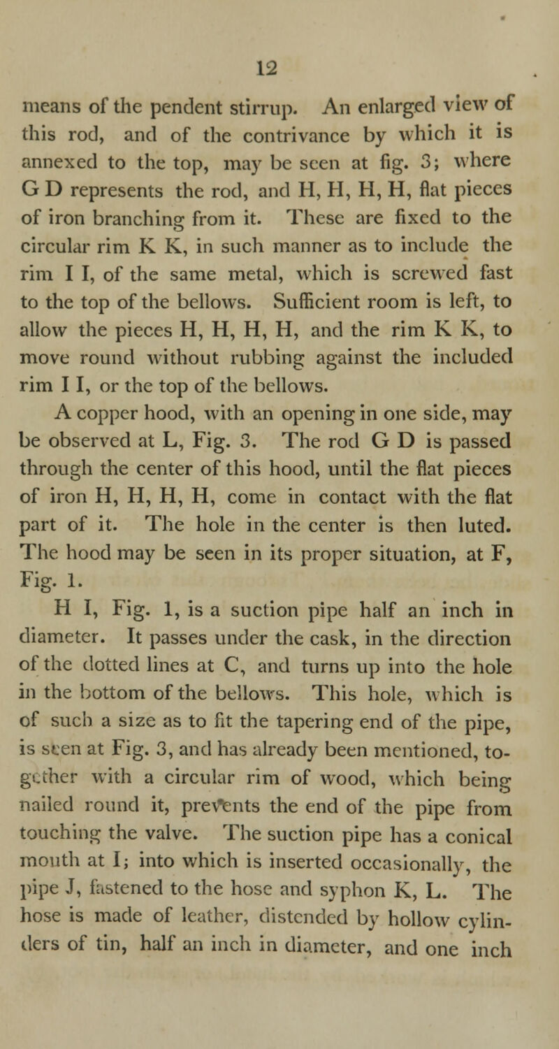 means of the pendent stirrup. An enlarged view of this rod, and of the contrivance by which it is annexed to the top, may be seen at fig. 3; where G D represents the rod, and H, H, H, H, flat pieces of iron branching: from it. These are fixed to the circular rim K K, in such manner as to include the rim I I, of the same metal, which is screwed fast to the top of the bellows. Sufficient room is left, to allow the pieces H, H, H, H, and the rim K K, to move round without rubbing against the included rim 11, or the top of the bellows. A copper hood, with an opening in one side, may be observed at L, Fig. 3. The rod G D is passed through the center of this hood, until the flat pieces of iron H, H, H, H, come in contact with the flat part of it. The hole in the center is then luted. The hood may be seen in its proper situation, at F, Fig. 1. H I, Fig. 1, is a suction pipe half an inch in diameter. It passes under the cask, in the direction of the dotted lines at C, and turns up into the hole in the bottom of the bellows. This hole, which is of such a size as to fit the tapering end of the pipe, is seen at Fig. 3, and has already been mentioned, to- gether with a circular rim of wood, which being nailed round it, presents the end of the pipe from touching the valve. The suction pipe has a conical mouth at I; into which is inserted occasionally, the pipe J, fastened to the hose and syphon K, L. The hose is made of leather, distended by hollow cylin- ders of tin, half an inch in diameter, and one inch