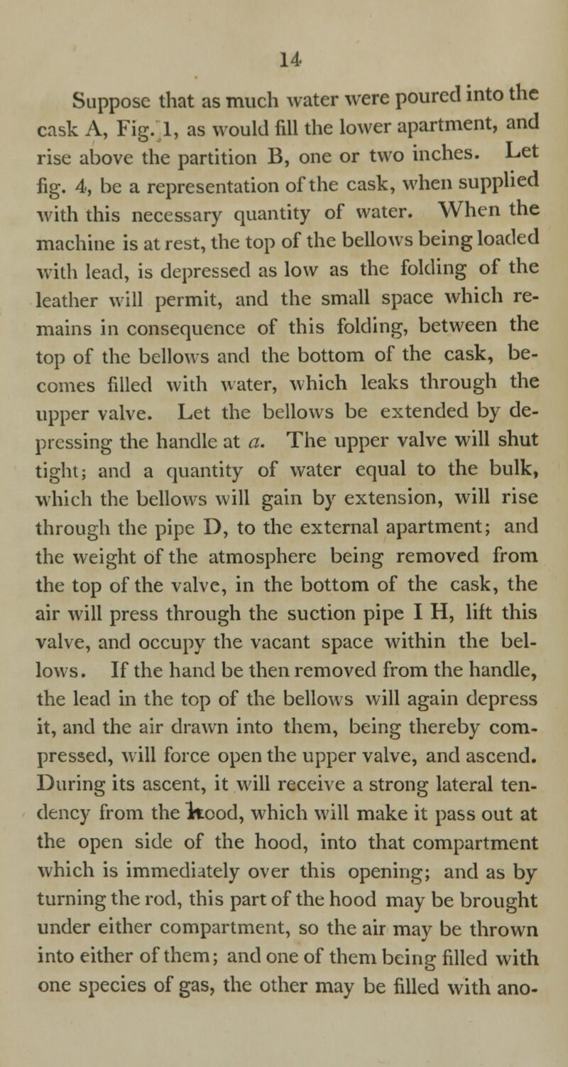 Suppose that as much water were poured into the cask A, Fig. 1, as would fill the lower apartment, and rise above the partition B, one or two inches. Let fig. 4, be a representation of the cask, when supplied with this necessary quantity of water. When the machine is at rest, the top of the bellows being loaded with lead, is depressed as low as the folding of the leather will permit, and the small space which re- mains in consequence of this folding, between the top of the bellows and the bottom of the cask, be- comes filled with water, which leaks through the upper valve. Let the bellows be extended by de- pressing the handle at a. The upper valve will shut tight; and a quantity of water equal to the bulk, which the bellows will gain by extension, will rise through the pipe D, to the external apartment; and the weight of the atmosphere being removed from the top of the valve, in the bottom of the cask, the air will press through the suction pipe I H, lift this valve, and occupy the vacant space within the bel- lows. If the hand be then removed from the handle, the lead in the top of the bellows will again depress it, and the air drawn into them, being thereby com- pressed, will force open the upper valve, and ascend. During its ascent, it will receive a strong lateral ten- dency from the Iftood, which will make it pass out at the open side of the hood, into that compartment which is immediately over this opening; and as by turning the rod, this part of the hood may be brought under either compartment, so the air may be thrown into either of them; and one of them being filled with one species of gas, the other may be filled with ano-