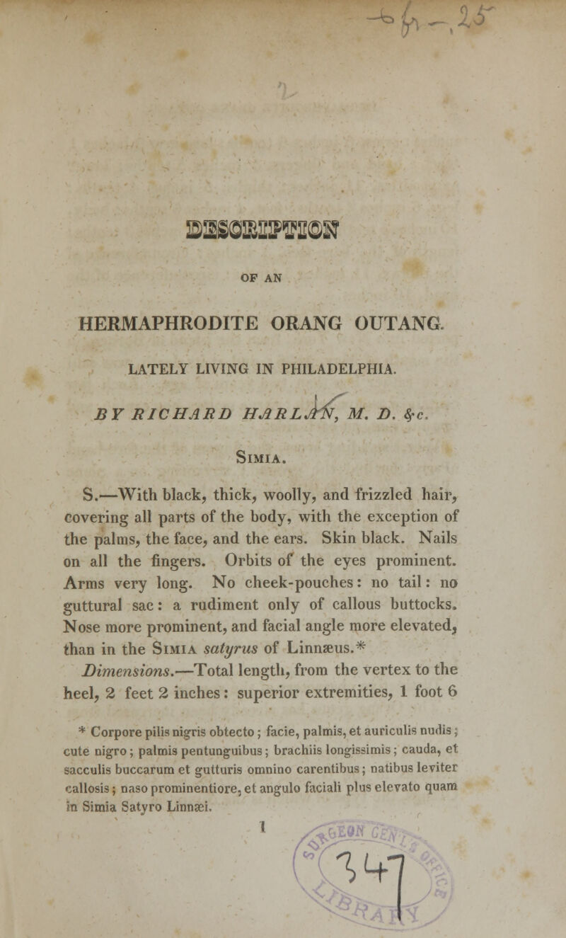 SaBHBEMHtffiS' OP AN HERMAPHRODITE ORANG OUTANG. LATELY LIVING IN PHILADELPHIA. BY RICHARD HARlJ^N, M. D. fyc. SlMIA. S.—With black, thick, woolly, and frizzled hair, covering all parts of the body, with the exception of the palms, the face, and the ears. Skin black. Nails on all the fingers. Orbits of the eyes prominent. Arms very long. No cheek-pouches: no tail: no guttural sac: a rudiment only of callous buttocks. Nose more prominent, and facial angle more elevated, than in the Simia satyrus of Linnseus.* Dimensions.—Total length, from the vertex to the heel, 2 feet 2 inches: superior extremities, 1 foot 6 * Corpore pilis nigris obtecto; facie, palmis, et auriculis nudis; cute nigro; palmis pentunguibus; brachiis longissimis; Cauda, et sacculis buccarum et gutturis omnino carentibus; natibus leviter callosis; naso prominentiore, et angulo faciali plus elevato quara in Simia Satyro Linnsei. 1 14