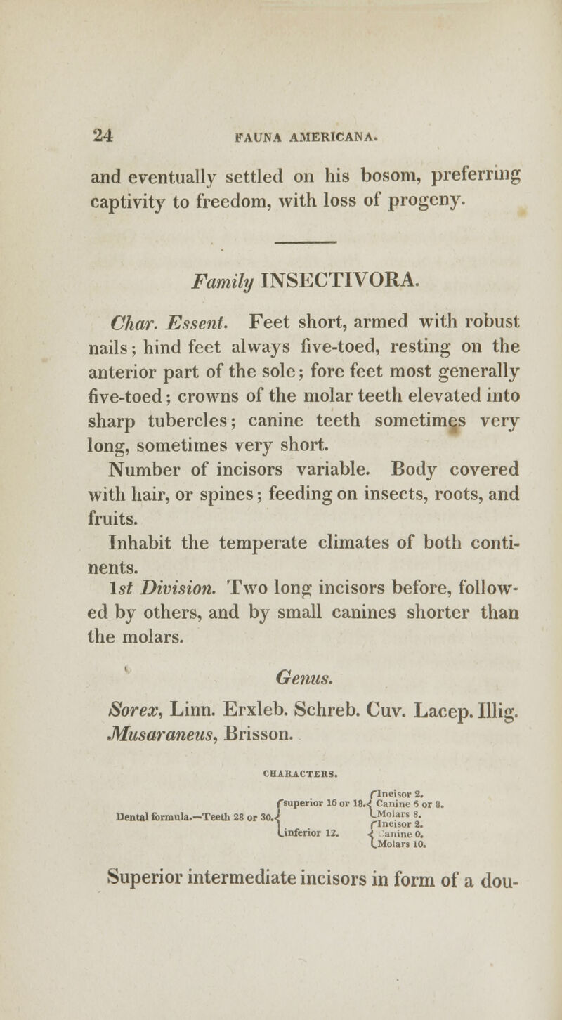 and eventually settled on his bosom, preferring captivity to freedom, with loss of progeny. Family INSECTIVORA. Char. Essent. Feet short, armed with robust nails; hind feet always five-toed, resting on the anterior part of the sole; fore feet most generally five-toed; crowns of the molar teeth elevated into sharp tubercles; canine teeth sometimes very long, sometimes very short. Number of incisors variable. Body covered with hair, or spines; feeding on insects, roots, and fruits. Inhabit the temperate climates of both conti- nents. 1st Division. Two long incisors before, follow- ed by others, and by small canines shorter than the molars. Genus. Sorex, Linn. Erxleb. Schreb. Cuv. Lacep. Illig. Musaraneus, Brisson. CHAHACTE11S. flncisor 2. fsuperior 16 or 18.^ Canine 6 or 8. Dental formula.-Teeth 28 or 3oJ LMolais 8. flncisor 2. U  inferior 12. J anine 0. L Molars 10. Superior intermediate incisors in form of a dou-