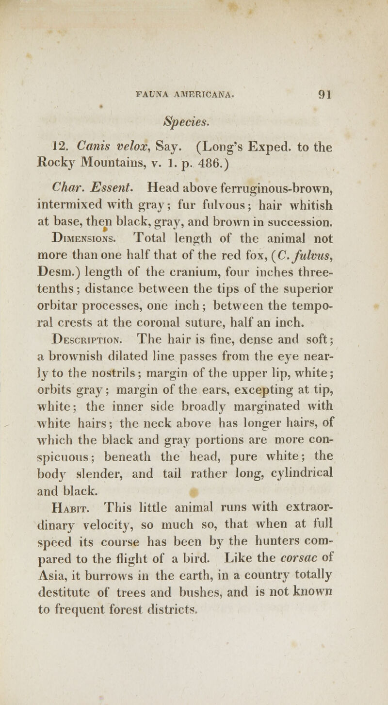 ■ Species. 12. Cams velox, Say. (Long's Exped. to the Rocky Mountains, v. 1. p. 486.) Char. Essent. Head above ferruginous-brown, intermixed with gray; fur fulvous; hair whitish at base, then black, gray, and brown in succession. Dimensions. Total length of the animal not more than one half that of the red fox, (C.fulvus, Desm.) length of the cranium, four inches three- tenths ; distance between the tips of the superior orbitar processes, one inch; between the tempo- ral crests at the coronal suture, half an inch. Description. The hair is fine, dense and soft; a brownish dilated line passes from the eye near- ly to the nostrils; margin of the upper lip, white; orbits gray; margin of the ears, excepting at tip, white; the inner side broadly marginated with white hairs; the neck above has longer hairs, of which the black and gray portions are more con- spicuous; beneath the head, pure white; the body slender, and tail rather long, cylindrical and black. Habit. This little animal runs with extraor- dinary velocity, so much so, that when at full speed its course has been by the hunters com- pared to the flight of a bird. Like the corsac of Asia, it burrows in the earth, in a country totally destitute of trees and bushes, and is not known to frequent forest districts.