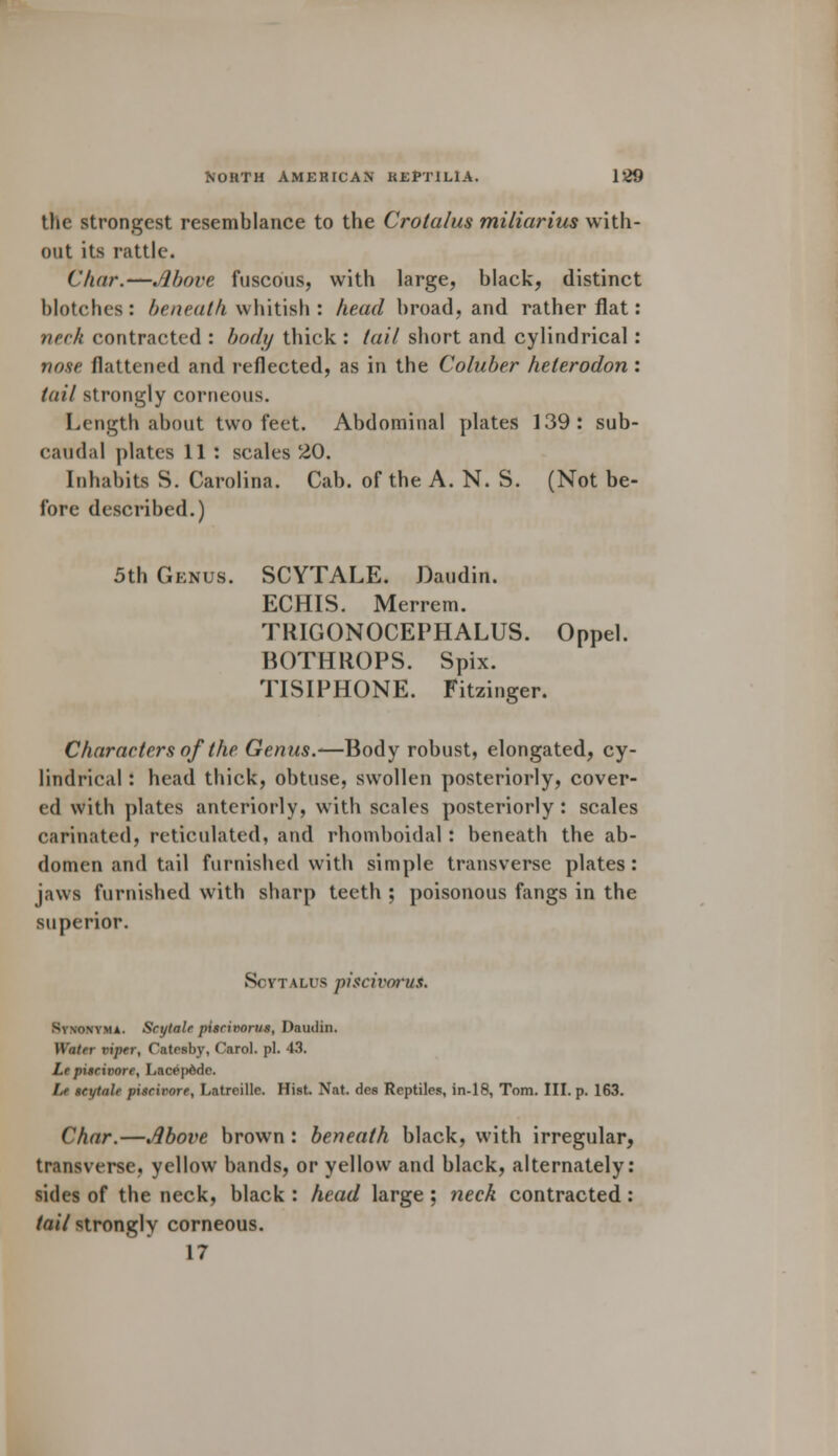 the strongest resemblance to the Croialus miliarius with- out its rattle. Char.—Above fuscous, with large, black, distinct blotches: beneath whitish : head broad, and rather flat: neck contracted : body thick : tail short and cylindrical: nose flattened and reflected, as in the Coluber heterodon: tail strongly corneous. Length about two feet. Abdominal plates 139: sub- caudal plates 11 : scales 20. Inhabits S. Carolina. Cab. of the A. N. S. (Not be- fore described.) 5th Genus. SCYTALE. Daudin. ECHIS. Merrem. TRIGONOCEPHALUS. Oppel. BOTHROPS. Spix. TISIPHONE. Fitzinger. Characters of the Genus.—Body robust, elongated, cy- lindrical : head thick, obtuse, swollen posteriorly, cover- ed with plates anteriorly, with scales posteriorly: scales carinated, reticulated, and rhomboidal : beneath the ab- domen and tail furnished with simple transverse plates: jaws furnished with sharp teeth ; poisonous fangs in the superior. S< v t a us pisci varus. Svnonvma. Seytale pUcivorut, Daudin. Water viper, Catesby, Carol, pi. 43. Lr piarivore, Lacepdde. Le geytale pisrivore, Latreille. Hist. Nat. des Reptiles, in-18, Tom. III. p. 163. Char.—Above brown : beneath black, with irregular, transverse, yellow bands, or yellow and black, alternately: sides of the neck, black : head large ; neck contracted : tail strongly corneous. 17