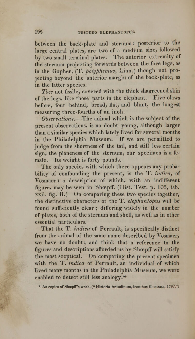 between the back-plate and sternum: posterior to the large central plates, are two of a medium size, followed by two small terminal plates. The anterior extremity of the sternum projecting forwards between the fore legs, as in the Gopher, (T. pohjphemus, Linn.) though not pro- jecting beyond the anterior margin of the back-plate, as in the latter species. Toes not fissile, covered with the thick shagreened skin of the legs, like those parts in the elephant. Five claws before, four behind, broad, flat, and blunt, the longest measuring three-fourths of an inch. Observations.—The animal which is the subject of the present observations, is no doubt young, although larger than a similar species which lately lived for several months in the Philadelphia Museum. If we are permitted to judge from the shortness of the tail, and still less certain sign, the planeness of the sternum, our specimen is a fe- male. Its weight is forty pounds. The only species with which there appears any proba- bility of confounding the present, is the T. indica, of Vosmaer; a description of which, with an indifferent figure, may be seen in Shoepff. (Hist. Test. p. 103, tab. xxii. fig. B.) On comparing these two species together, the distinctive characters of the T. elephanlopus will be found sufficiently clear; differing widely in the number of plates, both of the sternum and shell, as well as in other essential particulars. That the T. indica of Perrault, is specifically distinct from the animal of the same name described by Vosmaer, we have no doubt; and think that a reference to the figures and descriptions afforded us by Shoepff will satisfy the most sceptical. On comparing the present specimen with the T. indica of Perrault, an individual of which lived many months in the Philadelphia Museum, we were enabled to detect still less analogy.* * As copies of Shoepff's work, ( Historia testudinum, rconibus illustrate, 1792,)