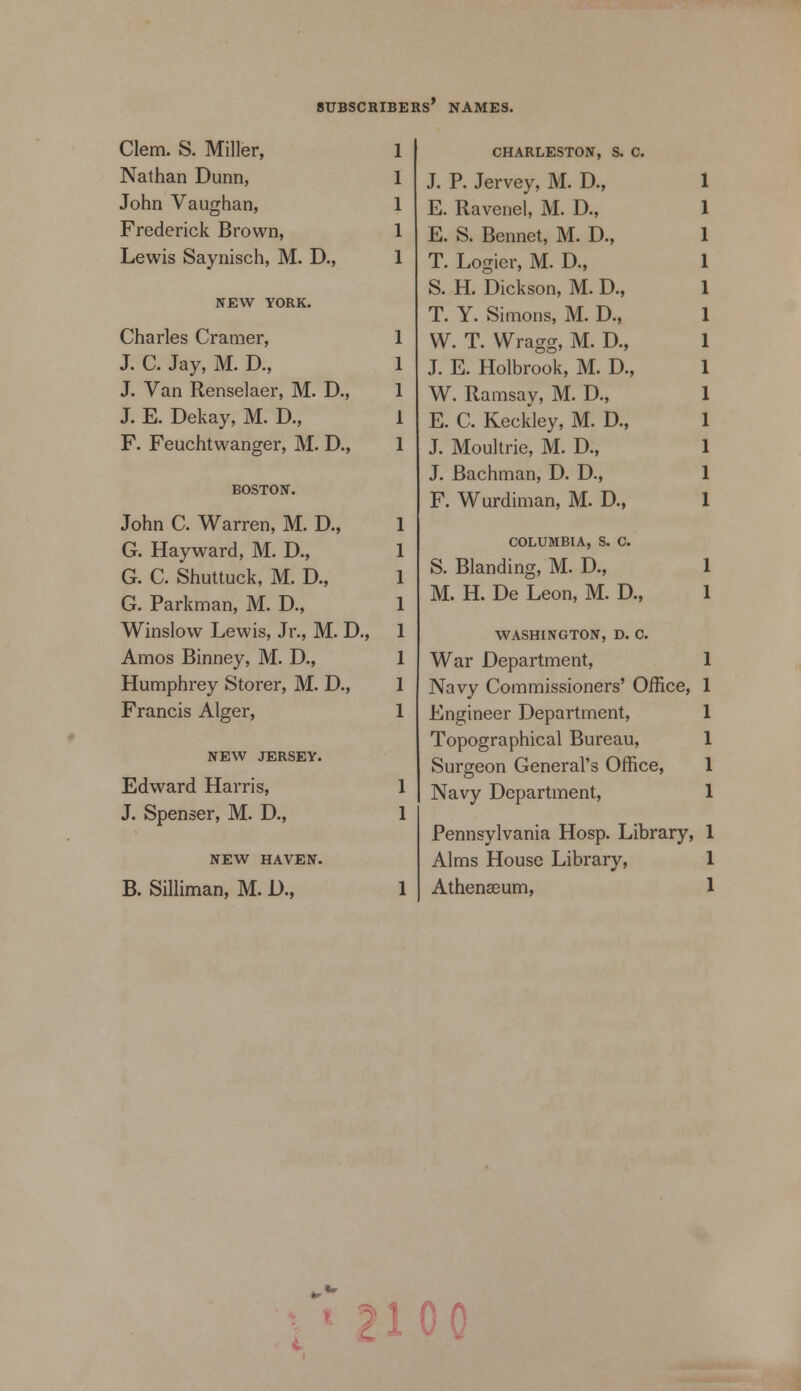 Clem. S. Miller, Nathan Dunn, John Vaughan, Frederick Brown, Lewis Saynisch, M. D., NEW YORK. Charles Cramer, J. C. Jay, M. D., J. Van Renselaer, M. D., J. E. Dekay, M. D., F. Feuchtwanger, M. D., BOSTON. John C. Warren, M. D., G. Hayward, M. D., G. C. Shuttuck, M. D., G. Parkman, M. D., Winslow Lewis, Jr., M. D., Amos Binney, M. D., Humphrey Storer, M. D., Francis Alger, NEW JERSEY. Edward Harris, J. Spenser, M. D., NEW HAVEN. B. Silliman, M. D., CHARLESTON, S. C J. P. Jervey, M. D., E. Ravenel, M. D., E. S. Bennet, M. D., T. Logier, M. D., S. H. Dickson, M. D., T. Y. Simons, M. D., W. T. Wragg, M. D., J. E. Holbrook, M. D., W. Ramsay, M. D., E. C. Keckley, M. D., J. Moultrie, M. D., J. Bachman, D. D., F. Wurdiman, M. D., COLUMBIA, S. C. S. Blanding, M. D., M. H. De Leon, M. D., WASHINGTON, D. C War Department, Navy Commissioners' Office, Engineer Department, Topographical Bureau, Surgeon General's Office, Navy Department, Pennsylvania Hosp. Library, Alms House Library, Athenaeum,