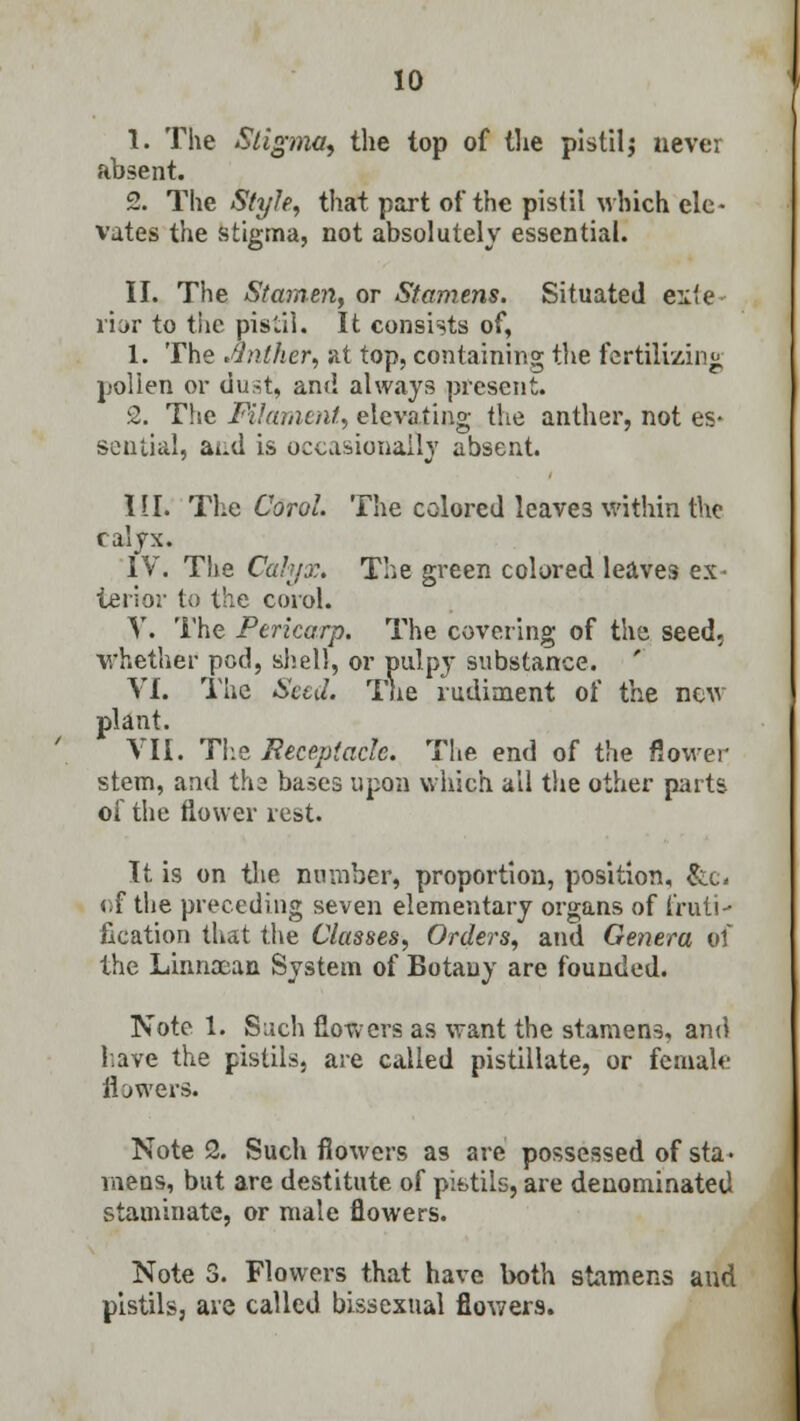 1. The Stigma, the top of the pistil5 never absent. 2. The Style, that part of the pistil which ele- vates the stigma, not absolutely essential. II. The Stamen, or Stamens. Situated ex'e rior to the pistil. It consists of, 1. The Anther, at top, containing the fertilizing pollen or dust, and always present. 2. The Filament, elevating the anther, not es- sential, aud is occasionally absent. III. The Carol. The colored leave3 within the calyx. IV. The Calyx. The green colored leaves ex- terior to the corol. V. The Pericarp. The covering of the seed. Whether pod, shell, or pulpy substance. VI. The Seed. The rudiment of the new plant. VII. The Receptacle. The end of the flower stem, and tha bases upon which all the other parts of the flower rest. It is on the number, proportion, position, &c« of the preceding seven elementary organs of Grati- fication that the Classes, Orders, and Genera of the Linnxan System of Botany are founded. Note 1. Such flowers as want the stamens, and have the pistils, are called pistillate, or female flowers. Note 2. Such flowers as are possessed of sta- mens, but are destitute of pistils, are denominated staminate, or male flowers. Note 3. Flowers that have both stamens aud pistils, are called bissexual flowers.