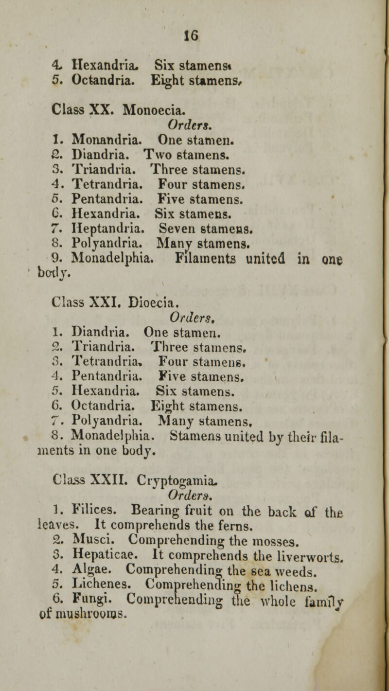 4. Hexandria. Six stamenst 5. Octandria. Eight stamens, Class XX. Monoecia. Orders. X. Monandria. One stamen. G. Diandria. Two stamens. 3. Triandria. Three stamens. 4. Tetrandria. Four stamens. 6. Pentandria. Five stamens. G. Hexandria. Six stamens. 7. Heptandria. Seven stameas. 8. Poljandria. Many stamens. 9. Monadelphia. Filaments united in one body. Class XXI. Dioecia. Orders. 1. Diandria. One stamen. 2. Triandria. Three stamens. 3. Tetrandria, Four stamens. 4. Pentandria. Five stamens. 5. Hexandria. Six stamens. (3. Octandria. Eight stamens. 7. Poljandria. Many stamens, 8. Monadelphia. Stamens united by their fila- ments in one body. Class XXII. Cryptogamia. Orders. 1. Filices. Bearing fruit on the back of the leaves. It comprehends the ferns. 2. Musci. Comprehending the mosses. 3. Hepaticae. It comprehends the liverworts. 4. Algae. Comprehending the sea weeds. 5. Lichenes. Comprehending the lichens. 6. Fungi. Comprehending the whole fiwnflv of mushrooms.