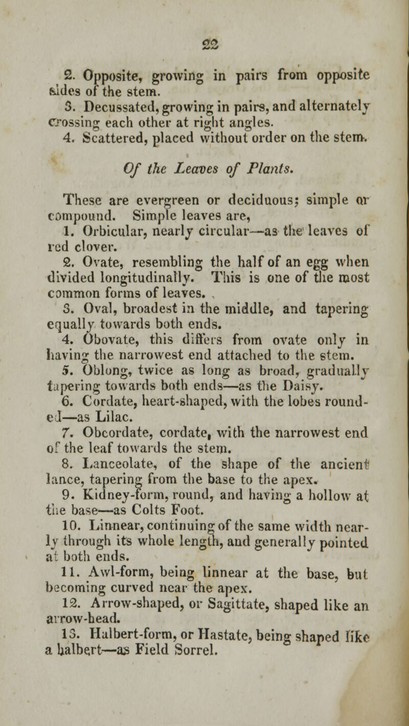 2. Opposite, growing in pairs from opposite fcides of the stem. 3. Decussated, growing in pairs, and alternately crossing each other at right angles. 4. Scattered, placed without order on the stem-. Of the Leaves of Plants. These are evergreen or deciduous; simple or compound. Simple leaves are, 1. Orbicular, nearly circular—as the leaves of red clover. 2. Ovate, resembling the half of an egg when divided longitudinally. This is one of the most common forms of leaves. , 3. Oval, broadest in the middle, and tapering equally towards both ends. 4. Obovate, this differs from ovate only in having the narrowest end attached to the stem. 5. Oblong, twice as long as broad, gradually tapering towards both ends—as the Daisy. 6. Cordate, heart-shaped, with the lobes round- ed—as Lilac. 7. Obcordate, cordate, with the narrowest end of the leaf towards the stem. 8. Lanceolate, of the shape of the ancient lance, tapering from the base to the apex. 9. Kidney-form, round, and having a hollow at the base—as Colts Foot. 10. Linnear, continuing of the same width near- ly through its whole length, and generally pointed at both ends. 11. Awl-form, being linnear at the base, but becoming curved near the apex. 12. Arrow-shaped, or Sagittate, shaped like an airow-head. 13. Halbert-form, or Hastate, being shaped like a halbert—as Field Sorrel.