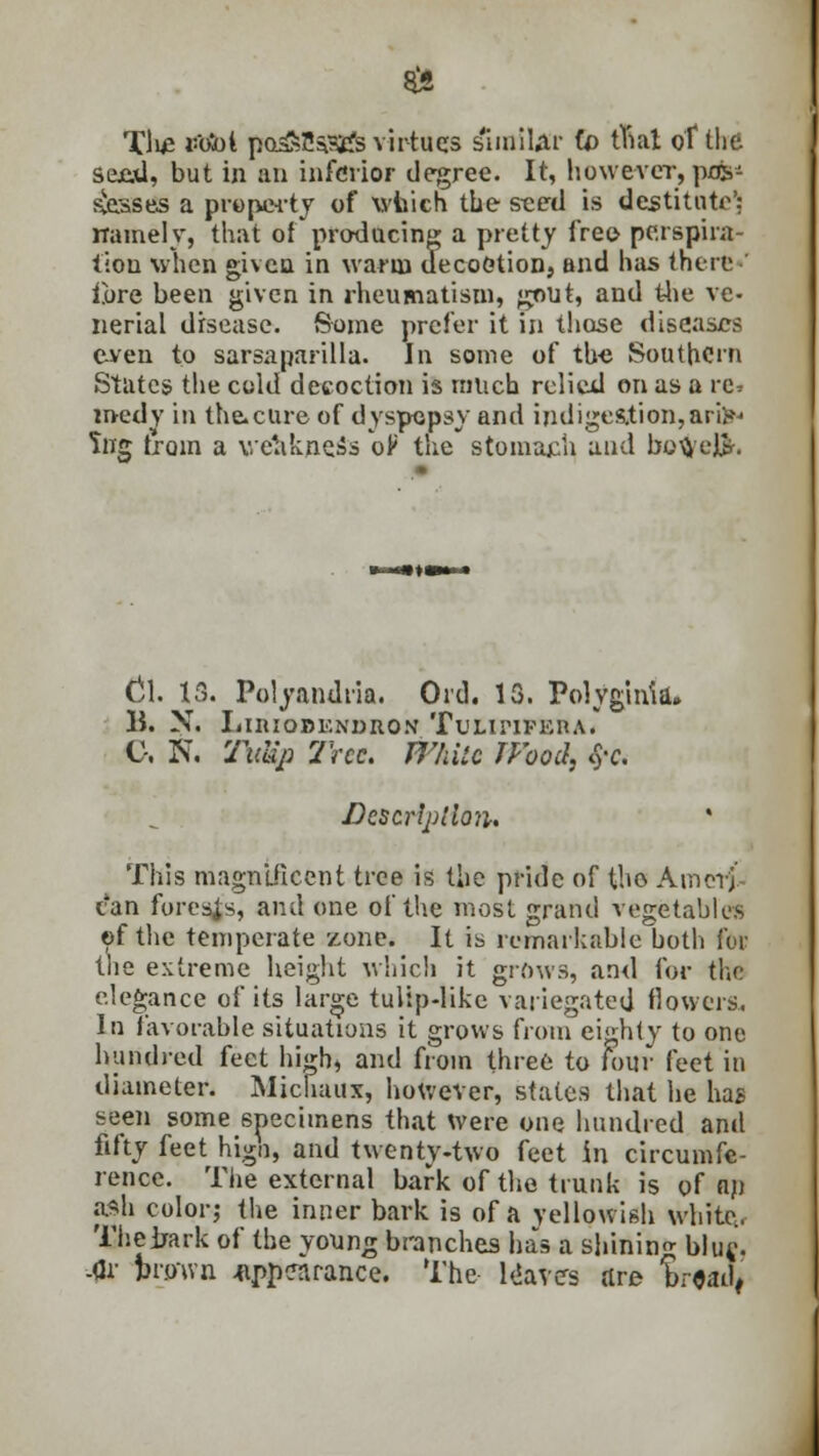 & T)i£ vXfai poiseWs virtues similar to that of the sejcxJ, but in an inferior degree. It, however,ptfe* s&sses a property of which the st^etl is destitute': namely, that of producing a pretty free- perspira- tion when given in warm decoetion, and has there*' lore been given in rheumatism, gout, and the ve- nerial disease. Some prefer it in those diseases even to sarsaparilla. In some of the Southern States the cold decoction is much relied on as a re. medy in the.cure of dyspepsy and indigestion,arij*-- Sng tram a vetikneis oP the stomach and bo$eJ}. CJl. 13. Polyandria. Ord. 13. Polyginia. U. N. LlIUOBKNDRO.V TuUPlFKHA. C-. N. Tulip Tree. While IPood, $& Description. This magnificent tree is the pride of the Aincrj can forests, and one of the most grand vegetables of the temperate -/.one. It is remarkable both for the extreme height which it grows, and for the elegance of its large tulip-like variegated flowers. In favorable situations it grows from eighty to one hundred feet high, and from three to four feet in diameter. Michaux, however, states that he hag seen some specimens that were one hundred and fifty feet high, and twenty-two feet in circumfe- rence. The external bark of the trunk is of nji ash color; the inner bark is of a yellowish white.. The bark of the young branches has a shining bluj. -Or brmvn appearance. The Haves are Mad,