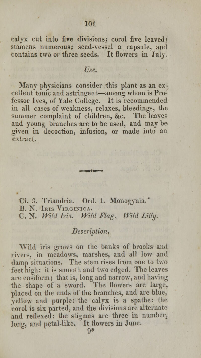 calyx cut into fire divisions; corol five leaved: stamens numerous; seed-vessel a capsule, ami contains two or three seeds. It flowers in July. Use. Many physicians consider this plant as an ex- cellent tonic and astringent—among whom is Pro- fessor Ives, of Yale College. It is recommended in all cases of weakness, relaxes, bleedings, the summer complaint of children, &c. The leaves and young branches are to be used, and may be given in decoction, infusion, or made into an extract. CI. 3. Triandria. Ord. 1. Monogynia.' B. N. Iris Virginica. C.N. Wild his. Wild Flag. Wild Lilly, Description. Wild iris grows on the banks of brooks and rivers, in meadows, marshes, and all low and damp situations. The stem rises from one to two feet high: it is smooth and two edged. The leaves are ensiform; that is, long and narrow, and having the shape of a sword. The flowers are large, placed on the ends of the branches, and are blue, yellow and purple: the calyx is a spathe: the corol is six parted, and the divisions are alternate and reflexed: the stigmas are three in number, long, and petal-like. It flowers in June. 9*