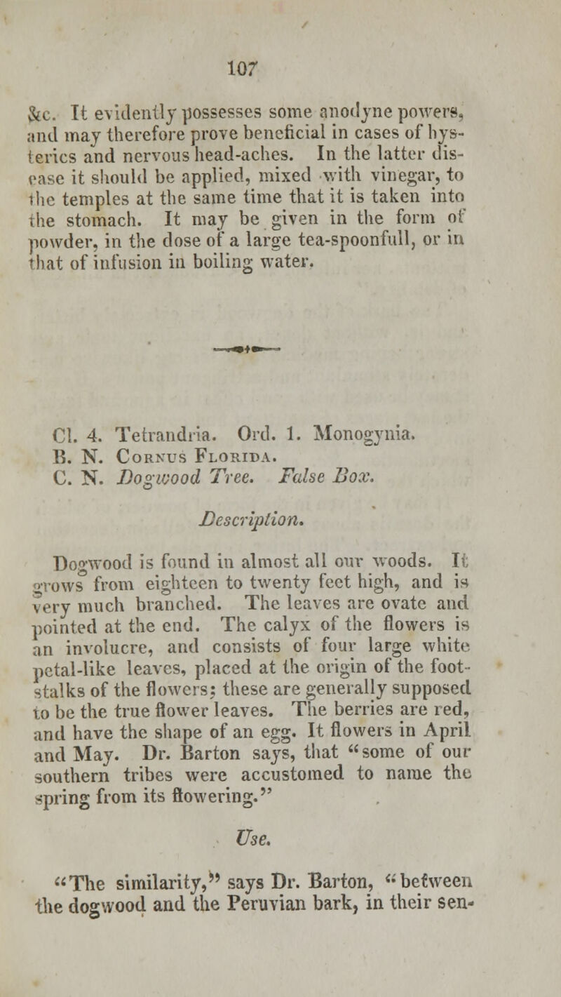 &c. It evidently possesses some anodyne powers, and may therefore prove beneficial in cases of hys- terics and nervous head-aches. In the latter dis- ease it should be applied, mixed with vinegar, to the temples at the same time that it is taken into the stomach. It may be given in the form of powder, in the dose of a large tea-spoonfull, or in that of infusion in boiling water. CI. 4. Tetrandria. Ord. 1. Monogynia. B. N. Cornus Florida. C. N. Dogwood Tree. False Box. Description. Dogwood is found in almost all our woods. It o-vows from eighteen to twenty feet high, and is very much branched. The leaves are ovate and pointed at the end. The calyx of the flowers is an involucre, and consists of four large white petal-like leaves, placed at the origin of the foot- stalks of the flowers,: these are generally supposed to be the true flower leaves. The berries are red, and have the shape of an egg. It flowers in April and May. Dr. Barton says, that some of our southern tribes were accustomed to name the spring from its flowering. Use. The similarity, says Dr. Barton, between the dogwood and the Peruvian bark, in their sen-