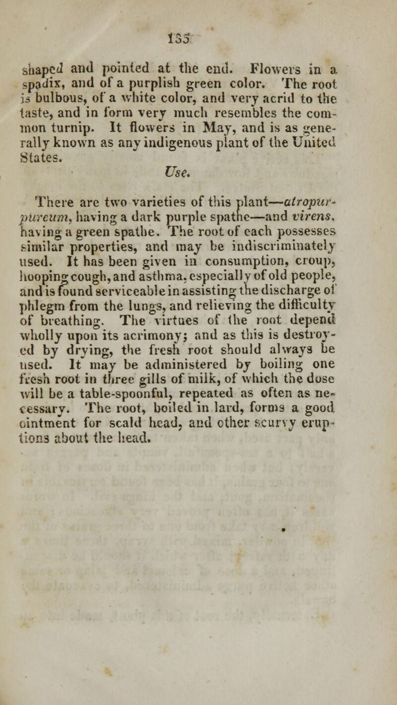 shaped and pointed at the end. Flowers in a spadix, and of a purplish green color. The root is bulbous, of a white color, and very acrid to the taste, and in form very much resembles the com- mon turnip. It flowers in May, and is as gene- rally known as any indigenous plant of the United States. Use. There are two varieties of this plant—atropur* purcum, having a dark purple spatne—and virens, having a green spathe. The root of each possesses similar properties, and may be indiscriminately used. It has been given in consumption, croup, hooping cough, and asthma, especially of old people, and is found serviceable in assisting the discharge ol phlegm from the lungs, and relieving the difficulty of breathing. The virtues of the root depend wholly upon its acrimony; and as this is destroy- ed by drying, the fresh root should always be used. It may be administered by boiling one fresh root in three gills of milk, of which the dose will be a table-spoonful, repeated as often as ne- cessary. The root, boiled in lard, forms a good ointment for scald head, and other scurvy erup- tions about the head.