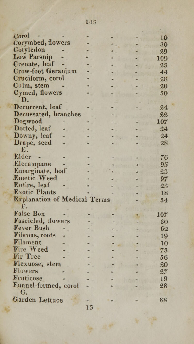Corol - - - . . iq Corymbed, flowers - - - 30 Cotyledon 29 Low Parsnip - - - - 109 Crenate, leaf 23 Crow-foot Geranium 44 Cruciform, corol 28 Culm, stem 20 Cymed, flowers 30 D. Decurrent, leaf 24 Decussated, branches 22 Dogwood - - - - 107 Dotted, leaf 24 Downy, leaf 24 Drupe, seed 28 E. Elder ----- 76 Elecampane 95 Emarginate, leaf 23 Emetic Weed ... 97 Entire, leaf 23 Exotic Plants - - - 18 Explanation of Medical Terms - 34 F. False Box .... 107 Fascicled, flowers 30 Fever Bush - ... 62 Fibrous, roots - - - - 19 Filament - - - - 10 Fire Weed 73 Fir Tree .... 55 Flexuose, stem 20 Flowers - 27 Fruticose - - - - 19 Funnel-furmed, corol 28 G. Garden Lettuce 88 13