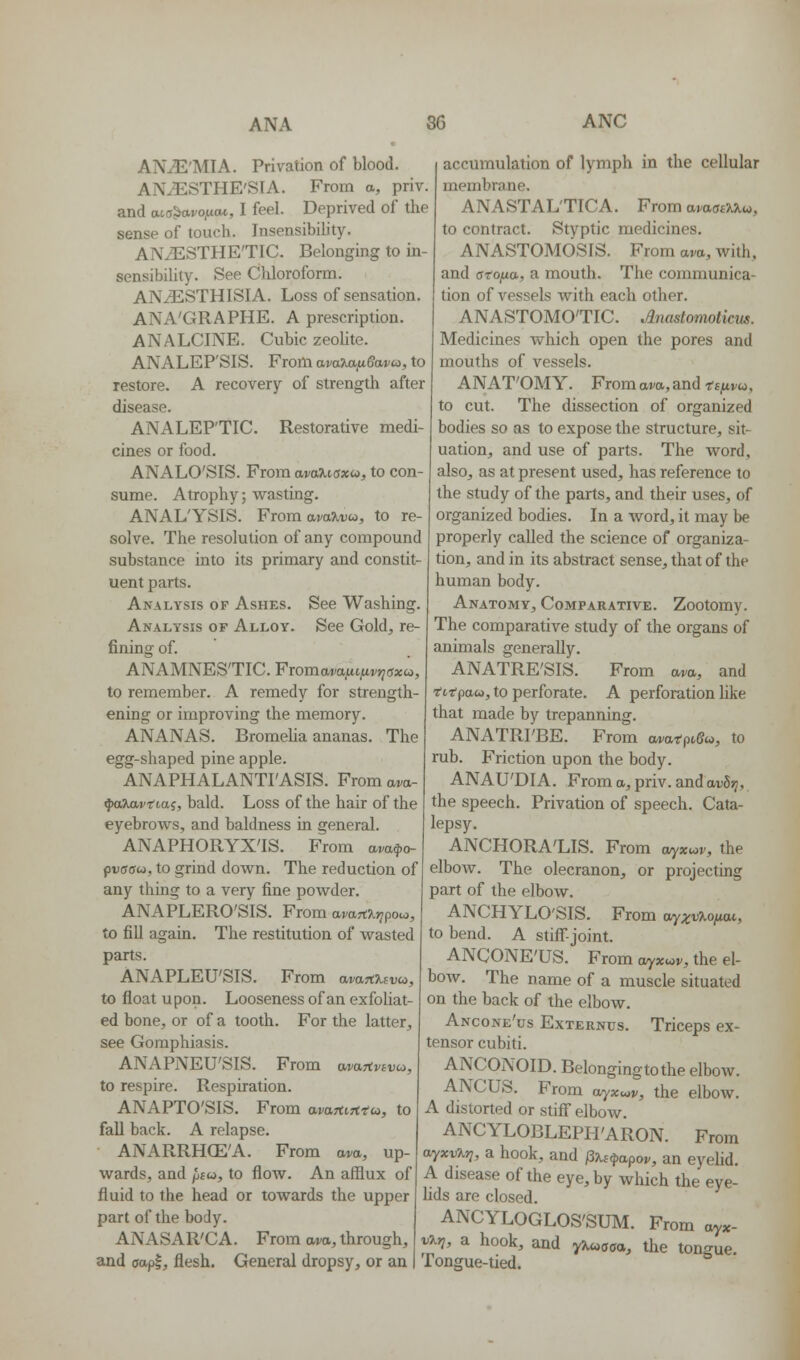 AN^'MIA. Privation of blood. AN^STHE'SIA. From a, priv. and aia^vofiM, I feel. Deprived of the sense of touch. InsensibiUty. ANAESTHETIC. Belonging to in- sensibility. See Chloroform. AN^STHISIA. Loss of sensation. ANA'GRAPHE. A prescription. ANALCINE. Cubic zeolite. ANALEP'SIS. From avaTMfieava, to restore. A recovery of strength after disease. ANALEPTIC. Restorative medi- cines or food. ANALO'SIS. From avaXiaxu, to con- sume. Atrophy; wasting. ANAL'YSIS. From am^vw, to re- solve. The resolution of any compound substance into its primary and constit- uent parts. Analysis of Ashes. See Washing. Analysis of Alloy. See Gold^ re- fining of. ANAMNESTIC. FiomaA'afit,iiv*iaxa, to remember. A remedy for strength- ening or improving the memory. ANANAS. Bromeha ananas. The egg-shaped pine apple. ANAPHALANTI'ASIS. From am- ^%a,vtiai, bald. Loss of the hair of the eyebrows, and baldness in general. ANAPHORYX'IS. From am^o- pvaau, to grind down. The reduction of any thing to a very fine powder. ANAPLERO'SIS. From avaTfKrjpo^, to fill again. The restitution of wasted parts. ANAPLEU'SIS. From amrt?t£i,o, to float upon. Looseness of an exfoliat- ed bone, or of a tooth. For the latter, see Gomphiasis. ANAPNEU'SIS. From ava,tvivo,, to respire. Respiration. ANAPTO'SIS. From avartiTtta, to fall back. A relapse. ANARRHCE'A. From am, up- accumulation of lymph in the cellular membrane. ANASTALTICA. From avaaiXKw, to contract. Styptic medicines. ANASTOMOSIS. From am, with, and atofia, a mouth. The communica- tion of vessels Avith each other. ANASTOMOTIC. Jlnastomotkm. Medicines which open the pores and mouths of vessels. ANAT'OM Y. From aw, and r^/t^w, to cut. The dissection of organized bodies so as to expose the structure, sit- uation, and use of parts. The word, also, as at present used, has reference to the study of the parts, and their uses, of organized bodies. In a word, it may be properly called the science of organiza- tion, and in its abstract sense, that of the human body. Anatomy, Comparative. Zootomy. The comparative study of the organs of animals generally. ANATRE'SIS. From avo., and rtrpaw, to perforate. A perforation like that made by trepanning. ANATRI'BE. From ovatpigw, to rub. Friction upon the body. ANAU'DIA. Froma,priv.andav5>7, the speech. Privation of speech. Cata- lepsy. ANCHORA'LIS. From of^x^v, the elbow. The olecranon, or projecting part of the elbow. ANCHYLO'SIS. From ayxv%otiai, to bend. A stiff-joint. ANCONE'US. From wyx^v, the el- bow. The name of a muscle situated on the back of the elbow. Ancone'us Externus. Triceps ex- tensor cubiti. ANCONOID. Belongingtothe elbow. ANGUS. From wyxwv, the elbow. A distorted or stiff elbow. ANCYLOBLEPH'ARON. From ayxi^rj, a hook, and ^Xi^apov, an eyelid. wards, and /,£«, to flow. An afflux of A disease of the eye, by which the eye fluid to the head or towards the upper lids are closed. part of the body. ^NCYLOGLOS'SUM. From ayx- ANASAR'CA. From am, through, VKr}, a hook, and yjiwaca, the tongue. and aapt, flesh. General dropsy, or an I Tongue-tied.