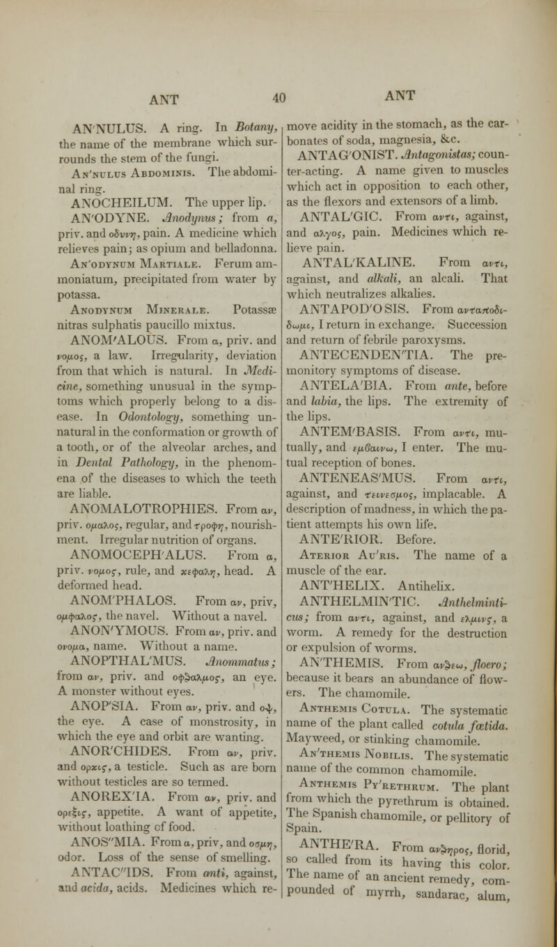 AN'NULUS. A ring. In Botany, the name of the membrane which sur- rounds the stem of the fungi. An'nulus Abdominis. The abdomi- nal ring. ANOCHEILUM. The upper Hp. AN'ODYNE. Anodynus; from a, priv. and o^wti, pain. A medicine which relieves pain; as opium and belladonna. An'odynum Martiale. Ferum am- moniatum, precipitated from water by potassa. Anodynum Minerale. Potassse nitras sulphatis paucillo mixtus. ANOM'ALOUS. From a, priv. and vofioi, a law. Irregularity, deviation from that which is natural. In Medi- cine, something unusual in the symp- toms which properly belong to a dis- ease. In Odontology, something un- natural in the conformation or growth of a tooth, or of the alveolar arches, and in Dental Pathology, in the phenom- ena of the diseases to which the teeth are liable. ANOMALOTROPHIES. From av, priv. ojua^j, regular, andrpo^j;, nourish- ment. Irregularnutrition of organs. ANOMOCEPH'ALUS. From a, priv. vo/x,og, rule, and xefaXrj, head. A deformed head. ANOM'PHALOS. From av, priv, oflfa^.o;, the navel. Without a navel. ANON'YMOUS. From av, priv. and ovofia, name. Without a name. ANOPTHAL'MUS. Anonmatiis; from av, priv. and of^XiA.o^, an eye. A monster without eyes. ANOP'SIA. From av, priv. and o-^, the eye. A case of monstrosity, in which the eye and orbit are wanting. ANOR'CHIDES. From av, priv. and opxtf, a testicle. Such as are bom without testicles are so termed. ANOREX'IA. From av, priv. and optltf, appetite. A want of appetite, without loathing of food. ANOSMIA. From a, priv, and os^ri, odor. Loss of the sense of smelling. ANTACIDS. From cmti, against, and acida, acids. Medicines which re- move acidity in the stomach, as the car- bonates of soda, magnesia, &c. ANTAG'ONIST. Jlntagonistas; coun- ter-acting. A name given to muscles which act in opposition to each other, as the flexors and extensors of a limb. ANTAL'GIC. From avti, against, and a%yoi, pain. Medicines which re- Ueve pain. ANTAL'KALINE. From avtc, against, and alkali, an alcaU. That which neutralizes alkalies. ANTAPOD'O SIS. From av-tanoSi- fiw^t, I return in exchange. Succession and return of febrile paroxysms. ANTECENDEN'TIA. The pre- monitory symptoms of disease. ANTELA'BIA. From ojife, before and labia, the lips. The extremity of the lips. ANTEM'BASIS. From avtv, mu- tually, and efA.6ai,vuj, I enter. The mu- tual reception of bones. ANTENEAS'MUS. From avn, against, and 'tii,veaiA.oi, implacable. A description of madness, in which the pa- tient attempts his own life. ANTE'RIOR. Before. Aterior Au'ris. The name of a muscle of the ear. ANT'HELIX. Antihelix. ANTHELMIN'TIC. dntlielminti- cus; from avti, against, and sj^fiive;, a worm. A remedy for the destruction or expulsion of worms. AN'THEMIS. Fromar^fw,>ero; because it bears an abundance of flow- ers. The chamomile. Anthemis Cotula. The systematic name of the plant called cotula fcetida. Mayweed, or stinking chamomile. An'themis Nobilis. The systematic name of the common chamomile. Anthemis Py'rethrum. The plant from which the pyrethrum is obtained. The Spanish chamomile, or pellitory of Spain. ANTHE'RA. From av^rj.o,, florid, so called from its having this color. The name of an ancient remedy, com- pounded of myrrh, sandarac, alum.
