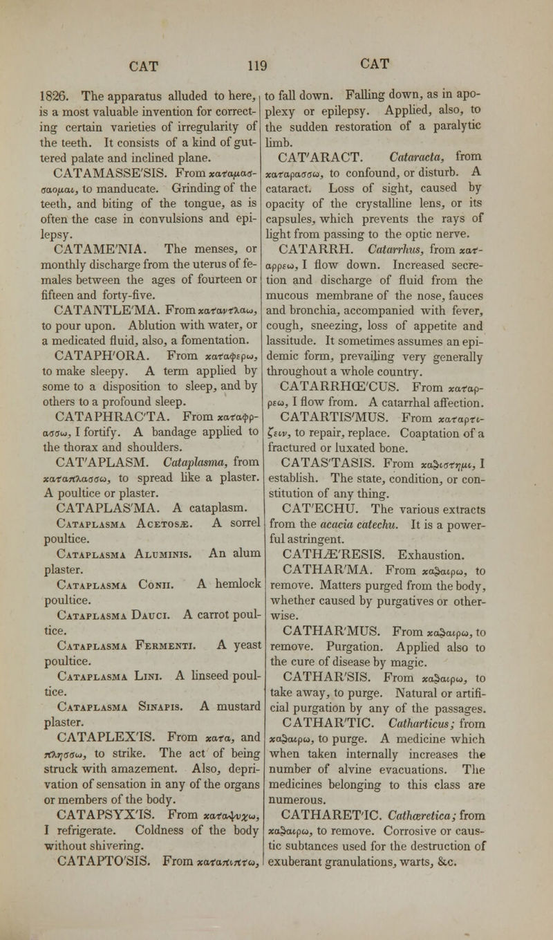 1826. The apparatus alluded to here, is a most valuable invention for correct- ing certain varieties of irregularity of the teeth. It consists of a kind of gut- tered palate and inclined plane. CATAMASSE'SIS. From xatafiaa- eaofiM, to manducate. Grinding of the teeth, and biting of the tongue, as is often the case in convulsions and epi- lepsy. CATAME'NIA. The menses, or monthly discharge from the uterus of fe- males between the ages of fourteen or fifteen and forty-five. CATANTLE'MA. From xaravf^ow, to pour upon. Ablution with water, or a medicated fluid, also, a fomentation. CATAPH'ORA. From xatafspuj, to make sleepy. A term applied by some to a disposition to sleep, and by others to a profound sleep. CATAPHRAC'TA. From xafa^p- assoj, I fortify. A bandage apphed to the thorax and shoulders. CAT'APLASM. Cataplasma, from xataTfKaaau, to spread hke a plaster. A poultice or plaster. CATAPLAS'MA. A cataplasm. Cataplasma Acetos^:. A sonel poultice. Cataplasma Aluminis. An alum plaster. Cataplasma Conii. A hemlock poultice. Cataplasma Dauci. A carrot poul- tice. Cataplasma Fermenti. A yeast poultice. Cataplasma Lini. A linseed poul- tice. Cataplasma Sinapis. A mustard plaster. CATAPLEX'IS. From xata, and rCKfjaaui, to strike. The act of being struck with amazement. Also, depri- vation of sensation in any of the organs or members of the body. CATAPSYX'IS. From xata^x^, I refrigerate. Coldness of the body without shivering. CATAPTO'SIS. From xataTt^rtta, to fall down. FaUing down, as in apo- plexy or epilepsy. Apphed, also, to the sudden restoration of a paralytic limb. CAT'ARACT. Cataracta, from xaiapaaau, to confound, or disturb. A cataract. Loss of sight, caused by opacity of the crystalline lens, or its capsules, which prevents the rays of hght from passing to the optic nerve. CATARRH. Catarrhus, from xat- oppsw, I flow down. Increased secre- tion and discharge of fluid from the mucous membrane of the nose, fauces and bronchia, accompanied with fever, cough, sneezing, loss of appetite and lassitude. It sometimes assumes an epi- demic form, prevaihng very generally throughout a whole country. CATARRHCE'CUS. From xarap- p£«, I flow from. A catarrhal aff'ection. CATARTIS'MUS. From xata^tt- ^Bi,v, to repair, replace. Coaptation of a fractured or luxated bone. CATAS'TASIS. From xa^iotrifn., I estabhsh. The state, condition, or con- stitution of any thing. CAT'ECHU. The various extracts from the acacia catechu. It is a power- ful astringent. CATH^'RESIS. Exhaustion. CATHAR'MA. From xa^ipo, to remove. Matters purged from the body, whether caused by purgatives or other- wise. CATHAR'MUS. From xo^atpw, to remove. Purgation. Apphed also to the cure of disease by magic. CATHAR'SIS. From xa^a^pw, to take away, to purge. Natural or artifi- cial purgation by any of the passages, CATHARTIC. Catharticus; from xo^tpco, to purge. A medicine which when taken internally increases the number of alvine evacuations. The medicines belonging to this class are numerous. CATHARET'IC. Cathmretica; from xa^tpco, to remove. Corrosive or caus- tic subtances used for the destruction of exuberant granulations, warts, &c.