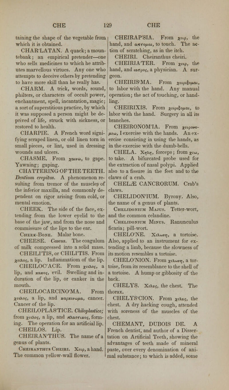 taining the shape of the vegetable from which it is obtained. CHAR'LATAN. A quack; a moun- tebank; an empirical pretender—one who sells medicines to which he attrib- utes marvellous virtues. Any one who attempts to deceive others by pretending to have more skill than he really has. CHARM. A trick, words, sound, philters, or characters of occult power, enchantment, spell, incantation, magic; a sort of superstitious practice, by which it was supposed a person might be de- prived of life, struck with sickness, or restored to health. CHARPIE. A French word signi- fying scraped linen, or old linen torn in small pieces, or lint, used in dressing wounds and ulcers. CHASME. From ;^atvo, to gape. Yawning; gaping. CHATTERING OF THE TEETH. Dentium crepitus. A phenomenon re- sulting from tremor of the muscle^ of the inferior maxilla, and commonly de- pendent on rigor arising from cold, or mental emotion. CHEEK. The side of the face, ex- tending from the lower eyeUd to the base of the jaw, and from the nose and commissure of the lips to the ear. Cheek-Bone. Malar bone. CHEESE. Caseus. The coagulum of milk compressed into a soUd mass. CHEILITIS, or CHILI'TIS. From XeiXoi, a lip. Inflammatiom of the lip. CHEILOC'ACE. From ;i;»5^oj, a lip, and xaxoj, evil. Swelling and in- duration of the lip, or canker in the mouth. CHEILOCARCINO'MA. From ;tft>.oj, a lip, and xapxivi^fia, cancer. Cancer of the lip. CHEILOPLAS'TICE. CMoptehce; from zeiyuoi, a lip, and Tt^artxoj, form- ing. The operation for an artificial lip. CHEILOS. Lip. CHEIRAN'THUS. The name of a genus of plants. Cheiranthus Cheiri. Xftp, a hand. The common yellow-wall flower. CHEIRAP'SIA. From x^^h the hand, and aHtofiai,, to touch. The ac- tion of scratching, as in the itch. CHEIRI. Cheiranthus cheiri. CHEIRIA'TER. From ;t»p, the hand, and tatpoj, a physician. A sur- geon. CHEIRIS'MA. From a;»pi|o/im, to labor with the hand. Any manual operation; the act of touching, or hand- ling. CHEIRIXIS. From a;»P'lo;uat, to labor with the hand. Surgery in all its branches. CHEIRONOMTA. From x^^pow- (lEu, I exercise with the hands. An ex- ercise consisting in using the hands, as in the exercise with the dumb-bells. CHELA. Xj^Xjj, forceps; from x^io, to take. A bifurcated probe used for the extraction of nasal polypi. AppHed also to a fissure in the feet and to the claws of a crab. CHEL^ CANCRORUM. Crab's claws. CHELIDON'IUM. Byrony. Also, the name of a genus of plants. Chelidonium Majus. Tetter-wort, and the common celandine. Chelidonium Minus. Ranunculus ficaria; pill-wort. CHELO'NE. XiXuvt;, a tortoise. Also, applied to an instrument for ex- tending a Umb, because the slowness of its motion resembles a tortoise. CHELO'NION. From x^i^^vri, a tor- toise, from its resemblance to the shell of a tortoise. A hump or gibbosity of the back. CHELYS. Xi7,v{, the chest. The thorax. CHELYS'CION. From x^^v;, the chest. A dry hacking cough, attended with soreness of the muscles of the chest. CHEMANT, DUBOIS DE. A French dentist, and author of a Disser- tation on Artificial Teeth, showing the advantages of teeth made of mineral paste, over every denomination of ani- mal substance; to which is added, some