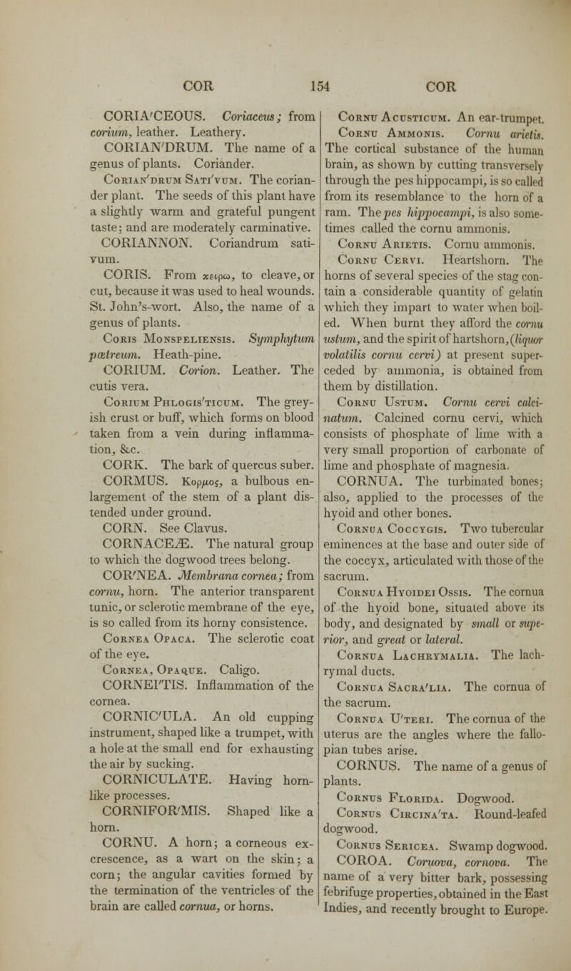 CORIA'CEOUS. Coriaceits; from coriiim, leather. Leathery. CORIAN'DRUM. The name of a genus of plants. Coriander. CORIAN'DRUM Sati'vum. The corian- der plant. The seeds of this plant have a slightly warm and grateful pungent taste; and are moderately carminative. CORIANNON. Coriandrum sati- vum. CORIS. From xftpco, to cleave, or cut, because it was used to heal wounds. St. John's-wort. Also, the name of a genus of plants. CoRis MoNspELiENsis. Symphytum pcetrcum. Heath-pine. CORIUM. Corion. Leather. The cutis vera. CoRiuM Phlogis'ticum. The grey- ish crust or buff, which forms on blood taken from a vein during inflamma- tion, &c. CORK. The bark of quercus suber. CORMUS. Kop^uof, a bulbous en- largement of the stem of a plant dis- tended under ground. CORN. SeeClavus. CORNACE^. The natural group to which the dogwood trees belong. COR'NEA. Membrana cm-nea; hora cormi, horn. The anterior transparent tunic, or sclerotic membrane of the eye, is so called from its horny consistence. Cornea Opaca. The sclerotic coat of the eye. Cornea, Opaq.ue. Caligo. CORNEI'TIS. Inflammation of the cornea. CORNIC'ULA. An old cupping instrument, shaped like a trumpet, with a hole at the small end for exhausting the air by sucking. CORNICULATE. Having horn- like processes. CORNIFOR'MIS. Shaped like a horn. CORNU. A horn; a corneous ex- crescence, as a wart on the skin; a corn; the angular cavities formed by the termination of the ventricles of the brain are called cornua, or horns. Cornu Accsticum. An ear-trumppt. CoRNu Ammonis. Cornu arietis. The cortical substance of the human brain, as shown by cutting transversely through the pes hippocampi, is so called from its resemblance to the horn of a ram. The pes hijypocampi, is aho somc- times called the cornu ammonis. CoRNu Arietis. Cornu ammonis. Cornu Cervi. Heartshorn. The horns of several species of the stag con- tain a considerable quantity of gelatin which they impart to water when boil- ed. When burnt they afford tlie cornu ustum, and the spirit of hartshorn, (/iguor volatilis cornu ccnn) at present super- ceded by ammonia, is obtained from them by distillation. Cornu Ustum. Co^-nu cem calci- natum. Calcined cornu cervi, which consists of phosphate of lime with a very small proportion of carbonate of lime and phosphate of magnesia. CORNUA. The turbinated bones; also, applied to the processes of the hyoid and other bones. Cornua Coccygis. Two tubercular eminences at the base and outer side of the coccyx, articulated with those of the sacrum. Cornua Hyoidei Ossis. The cornua of the hyoid bone, situated above its body, and designated by small or supe- rior, and great or lateral. Cornua Lachrymalia. The lach- rymal ducts. Cornua Sacra'lia. The cornua of the sacrum. Cornua U'teri. The cornua of the uterus are the angles where the fallo- pian tubes arise. CORNUS. The name of a genus of plants. CoRNus Florida. Dogwood. CoRNus Circina'ta. Round-leafed dogwood. CoRNus Sericea. Swamp dogwood. COROA. Coniova, cornova. The name of a very bitter bark, possessing febrifuge properties, obtained in the East Indies, and recently brought to Europe.