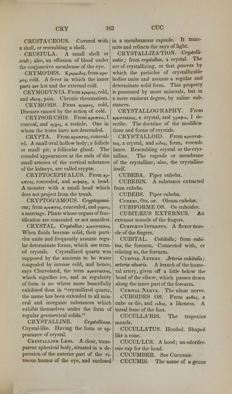 CRUSTA'CEOUS. Covered with a shell, or resembling a shell. CRUSTULA. A small shell or scab ; also, an efTusion of blood under the conjunctive membrane of the eye. CRYMO'DE,S. Kpvf^c^Sii, from xpv- jitoj, cold. A fever in which the inner parts are hot and the external cold. CRYMODYN'IA. From xpv^uoj, cold, and oSwj;, pain. Chronic rheumatism. CRYMO'SIS. From xpv^uoj, cold. Diseases caused by the action of cold. CRYPSOR'CHIS. From xfwnto,, I conceal, and opx'-i, a testicle. One in whom the testes have not descended. CRYPTA. From xpvrttoi, conceal- ed. A small oval hollow body; a follicle or small pit; a follicular gland. The rounded appearances at the ends of the small arteries of the cortical substance of the kidneys, are called cryptse. CRYPTOCEPH'ALUS. From xp- vrtfoj, concealed, and xetpaXr^, a head. A monster with a small head which does not project from the trunk. CRYPTOG'AMOUS. Cryptogami- cm; from xpurtroj, concealed, andyajwoj, a marriage. Plants whose organs of fruc- tification are concealed or not manifest. CRYSTAL. Crystallus; xpvataXKoi. When fluids become solid, their parti- cles unite and frequently assume regu- lar determinate forms, which are term- ed crystals. Crystallized quartz was supposed by the ancients to be water congealed by intense cold, and hence, says Cleaveland, the term xpvataX'Koi, which signifies ice, and as regularity of form is no where more beautifully exhibited than in ''crystallized quartz, the name has been extended to all min- eral and inorganic substances which exhibit themselves under the form of regular geometrical sohds. CRYSTALLINE. CrystalUnm. Crystal-hke. Having the form or ap- pearance of crystal. Crystalline Lens. A clear, trans- parent spherical body, situated in a de- pression of the anterior part of the vi- treous humor of the eye, and enclosed in a membranous capsule. It trans- mits and refracts the rays of light. CRYSTALLIZATION. Crystalli- zatio ; from crystallus, a crystal. The act of crystalhzing, or that process by which the particles of crystallizable bodies unite and assume a regular and determinate soHd form. This property is possessed by most minerals, but in a more eminent degree, by saline sub- stances. CRYSTALLOG'RAPHY. From xpvd-taXKo;, a crystal, and ypa^u), I de- scribe. The doctrine of the modifica- tions and forms of crystals. CRYSTALLOID. From xpvatax- Xoj, a crystal, and ftSoj, form, resemb- lance. ResembUng crystal or the crys- talline. The capsule or membrane of the crystalline; also, the crystalline hself. Piper cubeba. A substance extracted CUBEBA. CUBEBIN. from cubebs. CUBEBS. Piper cubeba. Cubebs, Oil of. Oleum cubebae. CUBIFORME OS. Os cuboides. CUBITiEUS EXTERNUS. An extensor muscle of the fingers. CuBiT^us Internus. a flexor mus- cle of the fingers. CUBITAL. Ciibitalis; from cubi- tus, the forearm. Connected with, or relating to, the forearm. CuBiTA L A RTE RY. JlHcria cubitalis ; arteria ulnaris. A branch of the hume- ral artery, given off a little below the bend of the elbow, which passes down along the inner part of the forearm. Cubital Nerve. The ulnar nerve. CUBOIDES OS. From xvSoj, a cube or die, and f i6oj, a likeness. A tarsal bone of the foot. CUCULLA'RIS. The trapezius muscle. CUCULLATUS. Hooded. Shaped like a cone. CUCUL'LUS. A hood; an odorifer- ous cap for the head. CUCUMBER. SeeCucumis. CUCUMIS. The name of a genus