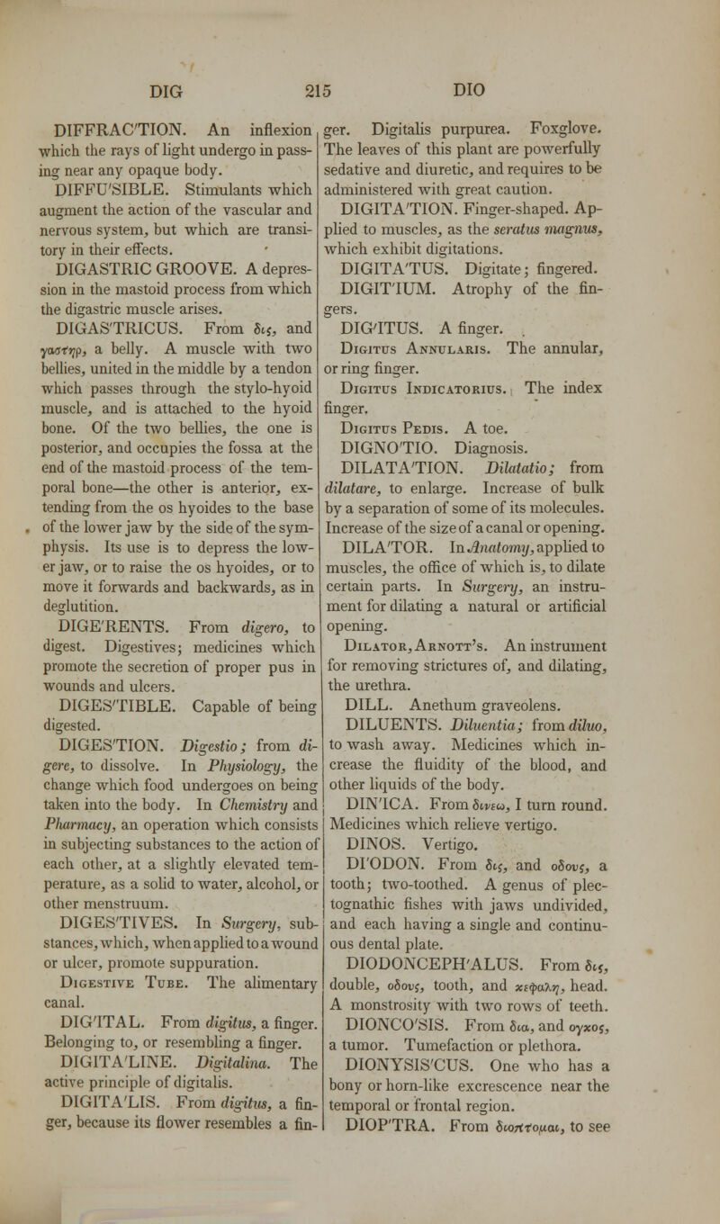 DIFFRACTION. An inflexion which the rays of light undergo in pass- ing near any opaque body. DIFFU'SIBLE. Stimulants which augment the action of the vascular and nervous system, but which are transi- tory in their effects. DIGASTRIC GROOVE. A depres- sion in the mastoid process from which the digastric muscle arises. DIGAS'TRICUS. From Stj, and yas'tTjp, a belly. A muscle with two bellies, united in the middle by a tendon which passes through the stylo-hyoid muscle, and is attached to the hyoid bone. Of the two beUies, the one is posterior, and occupies the fossa at the end of the mastoid process of the tem- poral bone—the other is anterior, ex- tending from the os hyoides to the base , of the lower jaw by the side of the sym- physis. Its use is to depress the low- er jaw, or to raise the os hyoides, or to move it forwards and backwards, as in deglutition. DIGE'RENTS. From digero, to digest. Digestives; medicines which promote the secretion of proper pus in wounds and ulcers. DIGES'TIBLE. Capable of being digested. DIGESTION. Digestio; from di- gere, to dissolve. In Physiology, the change which food undergoes on being taken into the body. In Chemistry and Pharmacy, an operation which consists in subjecting substances to the action of each other, at a slightly elevated tem- perature, as a soUd to water, alcohol, or other menstruum. DIGESTIVES. In Surgery, sub- stances, which, when applied to a wound or ulcer, promote suppuration. Digestive Tube. The alimentary canal. DIG'ITAL. From digitus, a finger. Belonging to, or resembhng a finger. DIGITA'LINE. Digitalina. The active principle of digitalis. DIGITA'LIS. From digitus, a fin- ger, because its flower resembles a fin ger. Digitalis purpurea. Foxglove. The leaves of this plant are powerfully sedative and diuretic, and requires to be administered with great caution. DIGITATION. Finger-shaped. Ap- plied to muscles, as the seratus magnvs, which exhibit digitations. DIGITATUS. Digitate; fingered. DIGIT'IUM. Atrophy of the fin- gers. DIG'ITUS. A finger. Digitus Annularis. The annular, or ring finger. Digitus Indicatorius. The index finger. Digitus Pedis. A toe. DIGNOTIO. Diagnosis. DILATATION. Dilatatio; from dilatare, to enlarge. Increase of bulk by a separation of some of its molecules. Increase of the size of a canal or opening. DILATOR. In Jinatomy, applied to muscles, the office of which is, to dilate certain parts. In Surgery, an instru- ment for dilating a natural or artificial opening. Dilator, Arnott's. An instrument for removing strictures of, and dilating, the urethra. DILL. Anethum graveolens. DILUENTS. Diluentia; from diluo, to wash away. Medicines which in- crease the fluidity of the blood, and other liquids of the body. DIN'ICA. From 6i,viu, I turn round. Medicines which relieve vertigo. DINOS. Vertigo. DI'ODON. From fitj, and o5odj, a tooth; two-toothed. A genus of plec- tognathic fishes with jaws undivided, and each having a single and continu- ous dental plate. DIODONCEPH'ALUS. From Sa, double, oSorj, tooth, and xt^aXyj, head. A monstrosity with two rows of teeth. DIONCO'SIS. From ha, and oyxoj, a tumor. Tumefaction or plethora. DIONYSIS'CUS. One who has a bony or horn-like excrescence near the temporal or frontal region. DIOPTRA. From iwrttofiai, to see