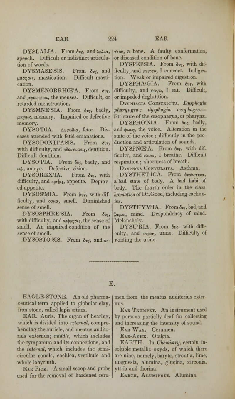 DYSLALIA. From 5vj, and ^axta, speech. Difficult or indistinct articula- tion of words. DYSMASE'SIS. From Svi, and ftaariaci, mastication. Difficult masti- cation. DYSMENORRHCE'A. From Svf, and ^rjvoppota, the menses. Difficult, or retarded menstruation. DYSMNE'SIA. From Srj, badly, fiptjdii, memory. Impaired or defective memory. DYSO'DIA. Avaauj., fetor. Dis- eases attended with fetid emanations. DYSODONTI'ASIS. From 5t,j, with difficulty, and oSoi/ftacrtj, dentition. Difficult dentition. DYSO'PIA. From Svi, badly, and u)-^, an eye. Defective vision. DYSOREX'IA. From dvi, with difficulty, and optlij, appetite. Deprav- ed appetite. DYSOS'MIA. From Svi, with dif- ficulty, and oana, smell. Diminished sense of smell. DYSOSPHRE'SIA. From Svi, with difficulty, and oafpfjgii, the sense of smell. An impaired condition of the sense of smell. DYSOSTO'SIS. From 5vj, and 03- tcov, a bone. A faulty conformation, or diseased condition of bone. DYSPEPSIA. From iv^, with dif- ficuhy, and Hirtto, I concoct. Indiges- tion. Weak or impaired digestion. DYSPHA'GIA. From 6vj, with difficulty, and ^ayo, I eat. Difficult, or impeded deglutition. Dysphagia Constric'ta. Dysphagia phai-yngea; dysphagia assophagta.— Stricture of the CESophagus,or pharynx. DYSPHO'NIA. From Svj, badly, and ^idvri, the voice. Alteration in the state of the voice ; difficutly in the pro- duction and articulation of sounds. DYSPNCE'A. From Svj, with dif- ficulty, and ftvM, I breathe. Difficult respiration; shortness of breath. Dyspnoea Convulsiva. Asthma. DYSTHET'ICA. From bvoOitixo., a bad state of body. A bad habit of body. The fourth order in the class hcematica of Dr. Good, including cachex- ies. DYSTHYM'IA. From 8vs, bad, and ^(itof, mind. Despondency of mind. Melancholy. DYSU'RIA. From guj, with diffi- cuhy, and wpov, urine. Difficulty of voiding the urine. E. EAGLE-STONE. An old pharma- ceutical term applied to globular clay, iron stone, called lapis setites. EAR. Auris. The organ of hearing, which is divided into external, compre- hending the auricle, and meatus audito- rius externus; middle, which includes the tympanum and its connections, and the internal, which includes the semi- circular canals, cochlea, vestibule and whole labyrinth. Ear Pick. A small scoop and probe used for the removal of hardened ceru- men from the meatus auditorius exter- nus. Ear Trumpet. An instrument used by persons partially deaf for collecting and increasing the intensity of sound. Ear-Wax. Cerumen. Ear-Ache. Otalgia. EARTH. In Chemistry, certain in- soluble metallic oxyds, of which there are nine, namely, baryta, strontia, lime, magnesia, alumina, glucina, zirconia, yttria and thorina. Earth, Aluminous. Alumina.