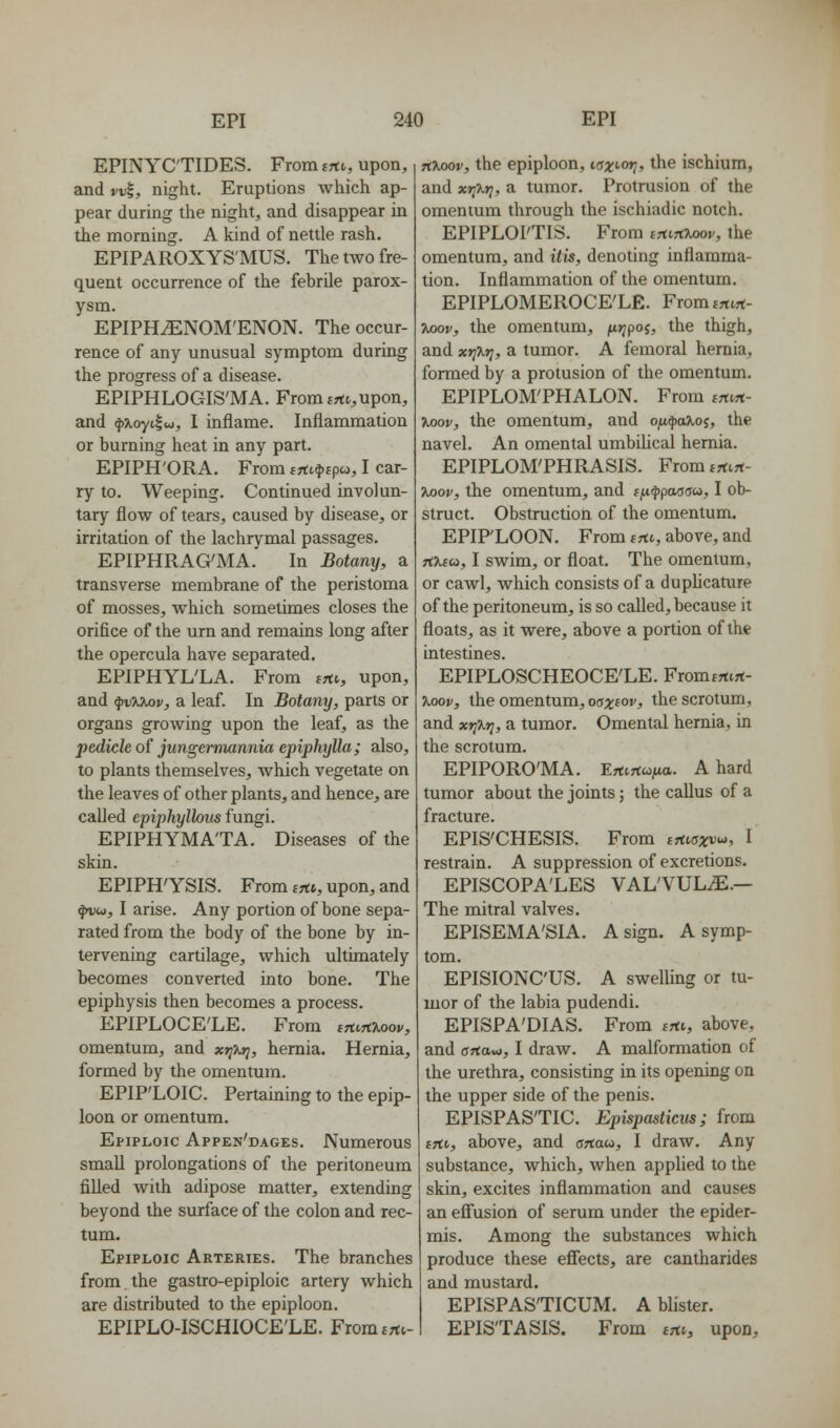 EPINYC'TIDES. From trtt, upon, and vv^, night. Eruptions which ap- pear during the night, and disappear in the morning. A kind of nettle rash. EPIPAROXYS'MUS. Tlie two fre- quent occurrence of the febrile parox- ysm. EPIPH^NOM'ENON. The occur- rence of any unusual symptom during the progress of a disease. EPIPHLOGIS'MA. Fromfrtt,upon, and 4)jioyi|u;, I inflame. Inflammation or burning heat in any part. EPIPH'ORA. From jrtt^spw, I car- ry to. Weeping. Continued involun- tary flow of tears, caused by disease, or irritation of the lachrymal passages. EPIPHRAG'MA. In Botany, a transverse membrane of the peristoma of mosses, which sometimes closes the orifice of the urn and remains long after the opercula have separated. EPIPHYL'LA. From irt^, upon, and ^vTCKov, a leaf. In Botany, parts or organs growing upon the leaf, as the pedicle of jungermannia epiphylla; also, to plants themselves, which vegetate on the leaves of other plants, and hence, are called epiphylloits fungi. EPIPHYMA'TA. Diseases of the skin. EPIPH'YSIS. From srt^ upon, and fvoi, I arise. Any portion of bone sepa- rated from the body of the bone by in- tervening cartilage, which ultimately becomes converted into bone. The epiphysis then becomes a process. EPIPLOCE'LE. From ,7tv,fKoov, omentum, and xijXr}, hernia. Hernia, formed by the omentum. EPIP'LOIC. Pertaining to the epip- loon or omentum. Epiploic Appen'dages. Numerous small prolongations of the peritoneum filled with adipose matter, extending beyond the surface of the colon and rec- tum. Epiploic Arteries. The branches from the gastro-epiploic artery which are distributed to the epiploon. EPIPLO-ISCHIOCE'LE. From^rt^- tCKoov, the epiploon, iff;t''<?» the ischium, and xrjXij, a tumor. Protrusion of the omentum through the ischiadic notch. EPIPLOI'TIS. From tHiftXoov, the omentum, and itis, denoting inflamma- tion. Inflammation of the omentum. EPIPLOMEROCE'LE. Fromimrt- Koov, the omentum, ftjjpoj, the thigh, and xrfKrj, a tumor. A femoral hernia, formed by a prolusion of the omentum. EPIPLOM'PHALON. From tnvn- ■Koov, the omentum, and ojx^aXoi, the navel. An omental umbiUcal hernia. EPIPLOM'PHRASIS. From jrtirt- Juoov, the omentum, and fft^powdw, I ob- struct. Obstruction of the omentum. EPIPLOON. From irtv, above, and TiXso, I swim, or float. The omentum, or cawl, which consists of a duphcature of the peritoneum, is so called, because it floats, as it were, above a portion of the intestines. EPIPLOSCHEOCE'LE. Fromtrttrt- 7.00V, the omentum, oaxiov, the scrotum, and xt]%r}, a tumor. Omental hernia, in the scrotum. EPIPORO'MA. Eftirtcoixa. A hard tumor about the joints; the callus of a fracture. EPIS'CHESIS. From tTtvsxv^, 1 restrain. A suppression of excretions. EPISCOPA'LES VAL'VULiE.— The mitral valves. EPISEMA'SIA. A sign. A symp- tom. EPISIONC'US. A sweUing or tu- mor of the labia pudendi. EPISPA'DIAS. From irn, above, and orta«), I draw. A malformation of the urethra, consisting in its opening on the upper side of the penis. EPISPAS'TIC. Epupasticus; from trie, above, and anau, I draw. Any substance, which, when applied to the skin, excites inflammation and causes an efi'usion of serum under the epider- mis. Among the substances which produce these effects, are cantharides and mustard. EPISPAS'TICUM. A blister. EPIS'TASIS. From eTtt, upon.