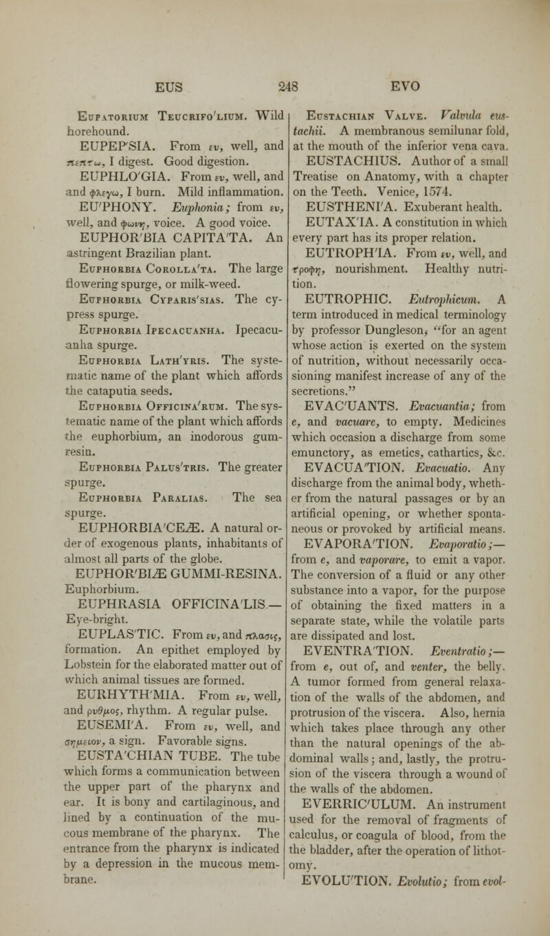 Eirp.vTORiuM Teucrifo'lium. Wild horehound. EUPEFSIA. From iv, well, and ninf(M, I digest. Good digestion. EUPHLO'GIA. From iv, well, and and ^xsyco, I burn. Mild inflammation. EU'PHONY. EupJwnia; from ev, well, and fwr*;, voice. A good voice. EUPHOR'BIA CAPITA'TA. An astringent Brazilian plant. Euphorbia Corolla'ta. The large flowering spurge, or milk-weed. Euphorbia Cyparis'sias, The cy- press spurge. Euphorbia Ipecacuanha. Ipecacu- anha spurge. Euphorbia Lath'yris. The syste- matic name of the plant which affords the cataputia seeds. Euphorbia Officina'rum. The sys- tematic name of the plant which affords the euphorbium, an inodorous gum- resin. Euphorbia Palus'tris. The greater spurge. Euphorbia Paralias. The sea spurge. EUPHORBIA'CE^. a natural or- der of exogenous plants, inhabitants of almost all parts of the globe. EUPHOR'BIA GUMMI-RESINA. Euphorbium. EUPHRASIA OFFICINA'LIS — Eye-bright. EUPLAS'TIC. From tv, and rtJiaaij, formation. An epithet employed by Lobstein for the elaborated matter out of which animal tissues are formed. EURHYTH'MIA. From iv, well, and pvdixoi, rhythm. A regular pulse. EUSEMI'A. From iv, well, and ariy.ii.ov, a sign. Favorable signs. EUSTA'CHIAN TUBE. The tube which forms a communication between the upper part of the pharynx and ear. It is bony and cartilaginous, and lined by a continuation of the mu- cous membrane of the pharynx. The entrance from the pharynx is indicated by a depression in the mucous mem- brane. Eustachian Valve. Vahxda eus- tachii. A membranous semilunar fold, at the mouth of the inferior vena cava. EUSTACHIUS. Author of a small Treatise on Anatomy, with a chapter on the Teeth. Venice, 1574. EUSTHENI'A. Exuberant health. EUTAX'IA. A constitution in which every part has its proper relation. EUTROPH'IA. From tv, well, and T'po^i;, nourishment. Healthy nutri- tion. EUTROPHIC. Eutrophicum. A term introduced in medical terminology by professor Dungleson, for an agent whose action is exerted on the system of nutrition, without necessarily occa- sioning manifest increase of any of the secretions. EVAC'UANTS. Evacmntia; from e, and vaciutre, to empty. Medicines which occasion a discharge from some emunctory, as emetics, cathartics, &c. EVACUATION. Evacmtio. Any discharge from the animal body, wheth- er from the natural passages or by an artificial opening, or whether sponta- neous or provoked by artificial means. EVAPORATION. Evapwatio ;— from e, and vaporare, to emit a vapor. The conversion of a fluid or any other substance into a vapor, for the purpose of obtaining the fixed matters in a separate state, while the volatile parts are dissipated and lost. EVENTRATION. Eventratio;— from e, out of, and venter, the belly. A tumor formed from general relaxa- tion of the walls of the abdomen, and protrusion of the viscera. Also, hernia which takes place through any other than the natural openings of the ab- dominal walls ; and, lastly, the protru- sion of the viscera through a M'ound of the walls of the abdomen. EVERRIC'ULUM. An instrument used for the removal of fragments of calculus, or coagula of blood, from the the bladder, after the operation of lithot- omy. EVOLUTION. Evolutio; {rom evol-