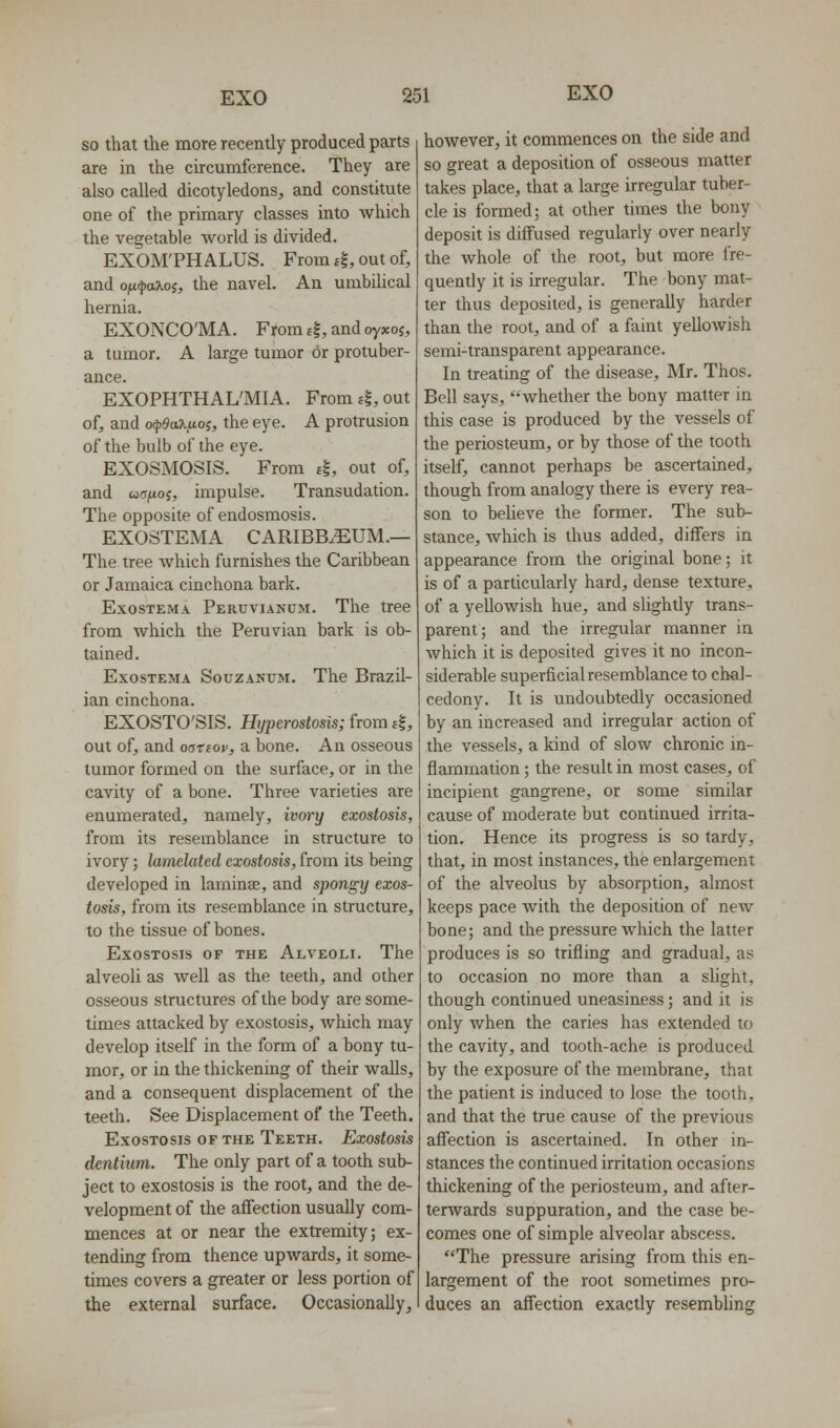 so that the more recently produced parts are iu the circumference. They are also called dicotyledons, and constitute one of the primary classes into Avhich the vegetable world is divided, EXOM'PHALUS. From £|, out of, and oft^a'Koi, the navel. An umbilical hernia. EXONCO'MA. From tl, and oyxoj, a tumor. A large tumor or protuber- ance. EXOPHTHAL'MIA. From 4, out of, and ofOaX/xoi, the eye. A protrusion of the bulb of the eye. EXOSMOSIS. From 4, out of, and co6^oi, impulse. Transudation. The opposite of endosmosis. EXOSTEMA CARIBB.EUM.— The tree which furnishes the Caribbean or Jamaica cinchona bark. ExosTEMA Peruvianum. The tree from which the Peruvian bark is ob- tained. ExosTEMA SouzANUM. The Brazil- ian cinchona. EXOSTO'SIS. Hyjierostosis; from ft, out of, and oattov, a bone. An osseous tumor formed on the surface, or in the cavity of a bone. Three varieties are enumerated, namely, ivory exostosis, from its resemblance in structure to ivory; lamelated exostosis, from its being developed in laminae, and spongy exos- tosis, from its resemblance in structure, to the tissue of bones. Exostosis of the Alveoli. The alveoli as well as the teeth, and other osseous structures of the body are some- times attacked by exostosis, which may develop itself in the form of a bony tu- mor, or in the thickening of their walls, and a consequent displacement of the teeth. See Displacement of the Teeth. Exostosis of the Teeth. Exostosis dcntium. The only part of a tooth sub- ject to exostosis is the root, and the de- velopment of the affection usually com- mences at or near the extremity; ex- tending from thence upwards, it some- times covers a greater or less portion of the external surface. Occasionally, however, it commences on the side and so great a deposhion of osseous matter takes place, that a large irregular tuber- cle is formed; at other times the bony deposit is diffused regularly over nearly the whole of the root, but more fre- quently it is irregular. The bony mat- ter thus deposited, is generally harder than the root, and of a faint yellowish semi-transparent appearance. In treating of the disease, Mr. Thos. Bell says, whether the bony matter in this case is produced by the vessels of the periosteum, or by those of the tooth itself, cannot perhaps be ascertained, though from analogy there is every rea- son to beUeve the former. The sub- stance, which is thus added, differs in appearance from the original bone; it is of a particularly hard, dense texture, of a yellowish hue, and slightly trans- parent; and the irregular manner in which it is deposited gives it no incon- siderable superficial resemblance to chal- cedony. It is undoubtedly occasioned by an increased and irregular action of the vessels, a kind of slow chronic in- flammation ; the result in most cases, of incipient gangrene, or some similar cause of moderate but continued irrita- tion. Hence its progress is so tardy, that, in most instances, the enlargement of the alveolus by absorption, almost keeps pace with the deposition of new bone; and the pressure which the latter produces is so trifling and gradual, as to occasion no more than a slight, though continued uneasiness; and it is only when the caries has extended to the cavity, and tooth-ache is produced by the exposure of the membrane, that the patient is induced to lose the tooth, and that the true cause of the previous affection is ascertained. In other in- stances the continued irritation occasions thickening of the periosteum, and after- terwards suppuration, and the case be- comes one of simple alveolar abscess. The pressure arising from this en- largement of the root sometimes pro- duces an affection exactly resembling