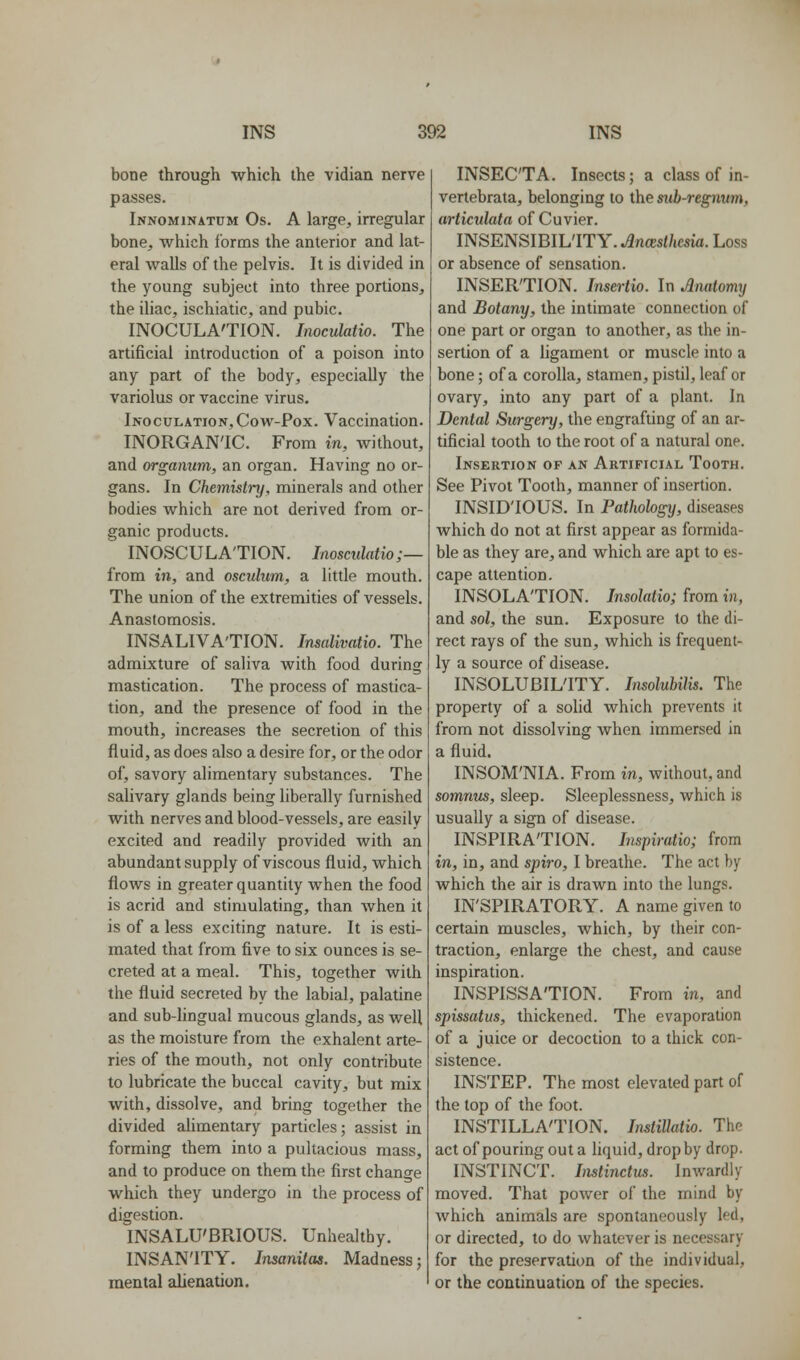 bone through which the vidian nerve passes. Innominatum Os. a large, irregular bone, which forms the anterior and lat- eral walls of the pelvis. It is divided in the young subject into three portions, the iliac, ischiatic, and pubic. INOCULA'TION. Inoculatio. The artificial introduction of a poison into any part of the body, especially the variolus or vaccine virus. Inoculation, Cow-Pox. Vaccination. INORGANIC. From in, without, and organuvi, an organ. Having no or- gans. In Chemistry, minerals and other bodies which are not derived from or- ganic products. INOSCULA'TION. Inoscidatio;— from in, and osculiim, a little mouth. The union of the extremities of vessels. Anastomosis. INSALIVA'TION. Insalivatio. The admixture of saliva with food during mastication. The process of mastica- tion, and the presence of food in the mouth, increases the secretion of this fluid, as does also a desire for, or the odor of, savory alimentary substances. The salivary glands being liberally furnished with nerves and blood-vessels, are easily excited and readily provided with an abundant supply of viscous fluid, which flows in greater quantity when the food is acrid and stimulating, than when it is of a less exciting nature. It is esti- mated that from five to six ounces is se- creted at a meal. This, together with the fluid secreted by the labial, palatine and sub-lingual mucous glands, as well as the moisture from the exhalent arte- ries of the mouth, not only contribute to lubricate the buccal cavity, but mix with, dissolve, and bring together the divided alimentary particles; assist in forming them into a pultacious mass, and to produce on them the first change which they undergo in the process of digestion. INSALU'BRIOUS. Unhealthy. INSAN'ITY. Insanitas. Madness; mental alienation. INSEC'TA. Insects; a class of in- vertebrata, belonging to the sub-regnum, articulata of Cuvier. INSENSIBILITY. ./2nas(/iesui. Loss or absence of sensation. INSER'TION. Insertio. In Anatomy and Botany, the intimate connection of one part or organ to another, as the in- sertion of a ligament or muscle into a bone; of a corolla, stamen, pistil, leaf or ovary, into any part of a plant. In Dental Surgery, the engrafting of an ar- tificial tooth to the root of a natural one. Insertion of an Artificial Tooth. See Pivot Tooth, manner of insertion. INSIDIOUS. In Pathology, diseases which do not at first appear as formida- ble as they are, and which are apt to es- cape attention. INSOLATION. Insolatio; from in, and sol, the sun. Exposure to the di- rect rays of the sun, which is frequent- ly a source of disease. INSOLUBIL'ITY. Insolubilis. The property of a solid which prevents it from not dissolving when immersed in a fluid. INSOM'NIA. From in, without, and somnus, sleep. Sleeplessness, which is usually a sign of disease. INSPIRATION. Inspiratio; from in, in, and spiro, I breathe. The act by which the air is drawn into the lungs. IN'SPIRATORY. A name given to certain muscles, which, by their con- traction, enlarge the chest, and cause inspiration. INSPISSATION. From in, and spissatus, thickened. The evaporation of a juice or decoction to a thick con- sistence. INSTEP. The most elevated part of the top of the foot. INSTILLA'TION. Instillatio. The act of pouring out a liquid, drop by drop. INSTINCT. Imtinctus. Inwardly moved. That power of the mind by which animals are spontaneously led, or directed, to do whatever is necessary for the preservation of the individual, or the continuation of the species.