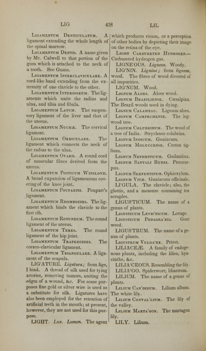 LiCrAMENTUM DeNTICULATUM. A ligament extending the whole length of the spinal marrow. LiGAMENTUM Dentis. A Dame given by Mr. Calwell to that portion of the gum which is attached to the neck of a tooth. See Gums. LiGAMENTUM InTERCLAVICULARE. A cord-hke band extending from the ex- tremity of one clavicle to the other. LiGAMENTUM Interosseum. The lig- aments which unite the radius and ulna, and tibia and fibula. LiGAMENTUM Latum. The suspen- sory ligament of the hver and that of the uterus. LiGAMENTUM NuchjE. The cervical ligament. LiGAMENTUM Orbiculare. The ligament which connects the neck of the radius to the ulna. LiGAMENTUM OvARii. A Touud cord of muscular fibres derived from the uterus. LiGAMENTUM PoSTICUM WiNSLOVII. A broad expansion of ligamentous cov- ering of the knee joint. LiGAMENTUM PoUPARTII. Poupart's ligament. LiGAMENTUM Rhomboides. The lig- ament which binds the clavicle to the first rib. LiGAMENTUM RoTUNDUM. The round ligament of the uterus. LiGAMENTUM Teres. The round ligament of the hip joint. LiGAMENTUM Trapezoides. The coraco-clavicular ligament. LiGAMENTUM Triangulare. A liga- ment of the scapula. LIG'ATURE. Ligatura; from ligo, I bind. A thread of silk used for tying arteries, removing tumors, uniting the edges of a wound, &c. For some pur- poses fine gold or silver wire is used as a substitute for silk. Ligatures have also been employed for the retention of artificial teeth in the mouth; at present, however, they are not used for this pur- pose. LIGHT. Lux. Liimen. The agent which produces vision, or a perception of other bodies by depicting their image on the retina of the eye. Light Carbureted Hydrogen.— Carbureted hydrogen gas. LTGNE'OUS. Ligneus. Woody. LIG'NIN. Ligninc; from ligmm, wood. The fibres of wood divested of all impurities. LIG'NUM. Wood. Lignum Aloes. Aloes wood. Lignum Braziliense. Cajsalpina. The Brazil woods used in dying. Lignum Calameac. Lignum aloes. Lignum Campechense. The log- wood tree. Lignum Colubrinum. The wood of a tree of India. Strychnos colubrina. Lignum Indicum. Guaiacum. Lignum Moluccense. Croton tig- lium. Lignum Nephriticum. Guilandina. Lignum Santali Rubri. Pterocar- pus. Lignum Serpentinum. Ophioxylum. Lignum Vit^. Guaiacum officinale. LI'GULA. The clavicle; also, the glottis, and a measure containing ten scruples. LIGUS'TICUM. The name of a genus of plants. LiGusTicuM Levis'ticum. Lovage. LiGusTicuM Podagra'ria. Gout weed. LIGUS'TRUM. The name of a ge- nus of plants. LiGusTRUM Vulga're. Privct. LILIACE^. A family of endoge- nous plants, including the lilies, hya- cinths, &c. LILIA'CEOUS. Resembling the lily. LILIA'GO. Spiderwort; liliastrum. LILIUM. The name of a genus of plants. LiLiuM Can'didum. LiUum album. The white lily. LiLiuM Conval'lium, The lily of the valley. LiLiuM Marta'oon. The martagon lily. LILY. LUium.