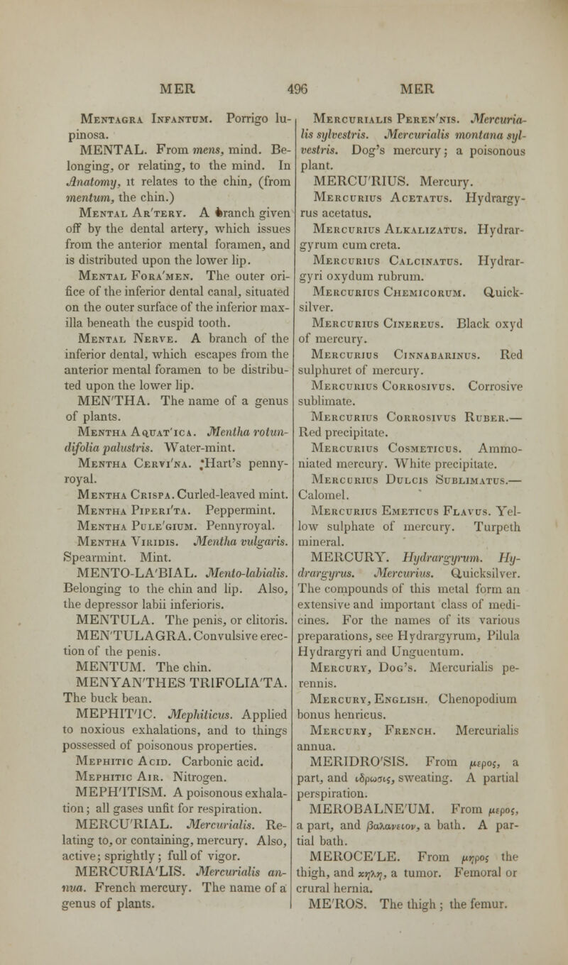 Mentagra Infantum. Porrigo lu- pinosa. MENTAL. From mens, mind. Be- longing, or relating, to the mind. In Anatomy, it relates to the chin, (from mentum, the chin.) Mental Ar'tery. A branch given off by the dental artery, which issues from the anterior mental foramen, and is distributed upon the lower lip. Mental Fora'men. The outer ori- fice of the inferior dental canal, situated on the outer surface of the inferior max- illa beneath the cuspid tooth. Mental Nerve. A branch of the inferior dental, which escapes from the anterior mental foramen to be distribu- ted upon the lower lip. MENTHA. The name of a genus of plants. Mentha AatrAT'iCA. Mentha roiun- difolia palustris. Water-mint. Mentha Cervi'na. ^Hart's penny- royal. Mentha Crispa. Curled-leaved mint. Mentha Piperi'ta. Peppermint. Mentha Pule'gium. Pennyroyal. Mentha Viridis. Mentha vulgaris. Spearmint. Mint. MENTO-LA'BIAL. Menio-lahialis. Belonging to the chin and lip. Also, the depressor labii inferioris. MENTULA. The penis, or clitoris. MEN'TULAGRA. Convulsive erec- tion of the penis. MENTUM. The chin. MENYAN'THES TRIFOLIA'TA. The buck bean. MEPHIT'IC. Mcphiticus. Applied to noxious exhalations, and to things possessed of poisonous properties. Mephitic Acid. Carbonic acid. Mephitic Air. Nitrogen. MEPH'ITISM. A poisonous exhala- tion; all gases unfit for respiration. MERCU'RIAL. MercuriaUs. Re- lating to, or containing, mercury. Also, active; sprightly; full of vigor. MERCURIA'LIS. MercuriaUs an- nua. French mercury. The name of a; genus of plants. Mercurialis Peren'nis. Mercuria- Us syhestris. MercuriaUs montana syl- vestris. Dog's mercury; a poisonous plant. MERCU'RIUS. Mercury. Mercurius Acetatus. Hydrargy- rus acetatus. Mercurius Alkalizatus. Hydrar- gyrum cum creta. Mercurius Calcinatus. Hydrar- gyri oxydum rubrum. Mercurius Chemicorum. duick- silver. Mercurius Cinereus. Black oxyd of mercury. Mercurius Cinnabarinus. Red sulphuret of mercury. Mercurius Corrosivus. Corrosive sublimate. Mercurius Corrosivus Ruber.— Red precipitate. Mercurius Cosmeticus. Ammo- niated mercury. White precipitate. Merccrius Dulcis Sublimatus.— Calomel. Mercurius Emeticus Flavus. Yel- low sulphate of mercury. Turpcth mineral. MERCURY. Hydrargyrum. Hy- drargyrus. Mercurius. Quicksilver. The compounds of this metal form an extensive and important class of medi- cines. For the names of its various preparations, see Hydrargyrum, Pilula Hydrargyri and Unguentum. Mercury, Dog's. Mercurialis pe- rennis. Mercury, English. Chenopodium bonus henricus. Mercury, French. Mercurialis annua. MERIDRO'SIS. From iitspoj, a part, and tSpwatj, sweating. A partial perspiration. MEROBALNE'UM. From ^tpoj, a part, and (ia^xuvtiov, a bath. A par- tial bath. MEROCE'LE. From fir^poi the thigh, and xr;Xrj, a tumor. Femora! or crural hernia. ME'ROS. The thigh ; the femur.