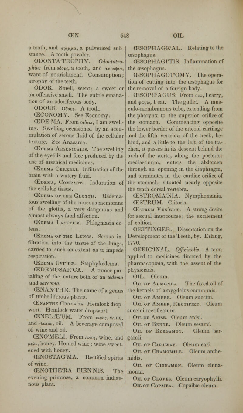 \ (EN 548 OIL a tooth, and i-pt^^a, a pulverised sub- stance. A tooth powder. ODONTA'TROPHY. Odontatro- phia; from oSodj, a tooth, and otpo^ia, want of nourishment. Consumption; atrophy of the teeth. ODOR. Smell, scent; a sweet or an offensive smell. The subtle emana- tion of an odoriferous body. ODOUS. OSovi. A tooth. (ECONOMY. See Economy. GEDE'MA. From ot,8iu,, I am swell- ing. Swelling occasioned by an accu- mulation of serous fluid of the cellular texture. See Anasarca. (Edema Arsenicalis. The swelling of the eyelids and face produced by the use of arsenical medicines. (Edema Cerebri. Infiltration of the brain with a watery fluid. (Edema, Compact. Induration of the cellular tissue. (Edema of the Glottis. (Edema- tous swelling of the mucous membrane of the glottis, a very dangerous and almost always fatal affection. (Edema Lacteum. Phlegmasia do- lens. (Edema of the Lungs. Serous in- filtration into the tissue of the lungs, carried to such an extent as to impede respiration. (Edema Utu'l^:. Staphyloedema. (EDEMOSAR'CA. a tumor par- taking of the nature both of an oedema and sarcoma. (ENAN'THE. The name of a genus of umbelliferous plants. (Enanthe Croca'ta. Hemlock drop- wort. Hemlock water dropwort. (ENEL^'UM. From ot^o5,wine, and sT^aiov, oil. A beverage composed of wine and oil. (ENO'MELI. From stwj, wine, and (icU, honey. Honied wine; wine sweet- ened with honey. (ENOSTAG'iMA. Rectified spirits of wine. CENOTHE'RA BIEN'NIS. The evening primrose, a common indige- nous plant. CESOPHAGE'AL. Relating to the oesophagus. (ESOPHAGI'TIS. Inflammation of the oesophagus. (ESOPHAGOT'OMY. The opera- tion of cutting into the oesophagus for the removal of a foreign body. (ESOPH'AGUS. From otw, I carry, and f ayw, I eat. The gullet. A mus- culo-membranous tube, extending from the pharynx to the superior orifice of the stomach. Commencing opposite the lower border of the cricoid cartilage and the fifth vertebra of the neck, be- hind, and a little to the left of the tra- chea, it passes in its descent behind the arch of the aorta, along the posterior mediastinum, enters the abdomen through an opening in the diaphragm, and terminates in the cardiac orifice of the stomach, situated nearly opposite the tenth dorsal vertebra. CESTROMA'NIA. Nymphomania. (ESTRUM. Clitoris. (Estrum Ven'eris. a strong desire for sexual intercourse; the excitement of coition. OETTINGER. Dissertation on the Development of the Teeth, by. Erlang, 1770. OFFICINAL. Officinalis. A term applied to medicines directed by the pharmacopoeia, with the assent of the physicians. OIL. Oleum. Oil of Almonds. The fixed oil of the kernels of amygdalus communis. Oil of Amber. Oleum succini. Oil of Amber, Rectified. Oleum succini rectificatum. Oil of Anise. Oleum anisi. Oil of Benne. Oleum sesami. Oil of Bergamot. Oleum ber- gamii. Oil of Caraway. Oleum cari. Oil of Chamomile. Oleum anthe- midis. Oil of Cinnamon. Oleum cinna- monni. Oil of Cloves. Oleum caryophyUi. Oil of Copaiba. Copaibae oleum.