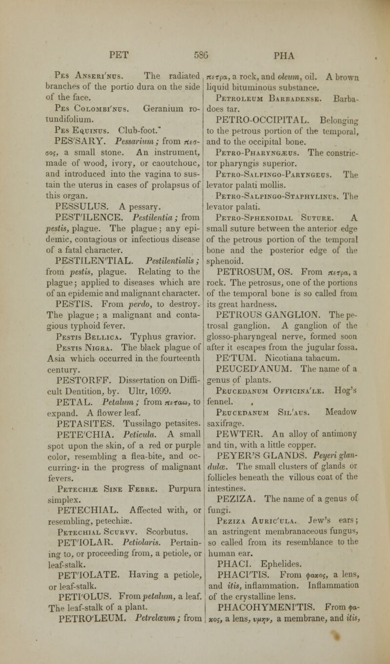 Pes Anseri'nus. The radiated branches of the portio dura on the side of the face. Pes Colombi'nus. Geranium ro- tundifolium. Pes EciuxNus. Club-foot. PES'SARY. Pessarium; from ftia- 005, a small stone. An instrument, made of wood, ivory, or caoutchouc, and introduced into the vagina to sus- tain the uterus in cases of prolapsus of this organ. PESSULUS. A pessary. PEST'ILENCE. Pestilentia ; from pestis, plague. The plague ; any epi- demic, contagious or infectious disease of a fatal character. PESTILENTIAL. Pestilential^; from pestis, plague. Relating to the plague; applied to diseases which are of an epidemic and malignant character. PESTIS. From perdo, to destroy. The plague; a malignant and conta- gious typhoid fever. Pestis Bellica. Typhus gravior. Pestis Nigra. The black plague of Asia which, occurred in the fourteenth century. PESTORFF. Dissertation on Diffi- cult Dentition, by. Ultr, 1699. PETAL. Petalum ; from rtstau, to expand. A flower leaf. PET A SITES. Tussilago petasites. PETE'CHIA. Peticula. A small spot upon the skin, of a red or purple color, resembling a flea-bite, and oc- curring' in the progress of malignant fevers. Petechije Sine Febre. Purpura simplex. PETECHIAL. Affected with, or resembling, petechiae. Petechial Scurvy. Scorbutus. PET'IOLAR. Petiolaris. Pertain- ing to, or proceeding from, a petiole, or leaf-stalk. PET'IOLATE. Having a petiole, or leaf-stalk. PETI'OLUS. From petalim, a leaf. The leaf-stalk of a plant. PETRO'LEUM. Petrelceum; from ntrpa, a rock, and oleiim, oil. A brown liquid bituminous substance. Petroleum Barbadense. Barba- does tar. PETRO-OCCIPITAL. Belonging to the petrous portion of the temporal, and to the occipital bone. PETRO-PHARVNGiEus. The coHstric- tor pharyngis superior. Petro-Salpingo-Paryngeus. The levator palati mollis. Petro-Salpingo-Staphylinus. The levator palati. Petro-Sphenoidal Suture. A small suture between the anterior edge of the petrous portion of the temporal bone and the posterior edge of the sphenoid. PETROSUM, OS. From ^trpa, a rock. The petrosus, one of the portions of the temporal bone is so called from its great hardness. PETROUS GANGLION. The pe- trosal ganglion. A ganglion of the glosso-pharyngeal nerve, formed soon after it escapes from the jugular fossa. PE'TUM. Nicotiana tabacum. PEUCED'ANUM. The name of a genus of plants. Peucedanum Officina'le. Hog's fennel. , Peucedanum Sil'aus. Meadow saxifrage. PEWTER. An alloy of antimony and tin, with a little copper. PETER'S GLANDS. Peyeri glan- dulce. The small clusters of glands or follicles beneath the villous coat of the intestines. PEZIZA. The name of a genus of fungi. Peziza Auric'ula. Jew's ears; an astringent membranaceous fungus, so caUed from its resemblance to the human ear. PHACI. Ephelides. PHACI'TIS. From ^axof, a lens, and itis, inflammation. Inflammation of the crystalline lens. PHACOHYMENI'TIS. From ^.a- xoj, a lens, vfirjv, a membrane, and itis,