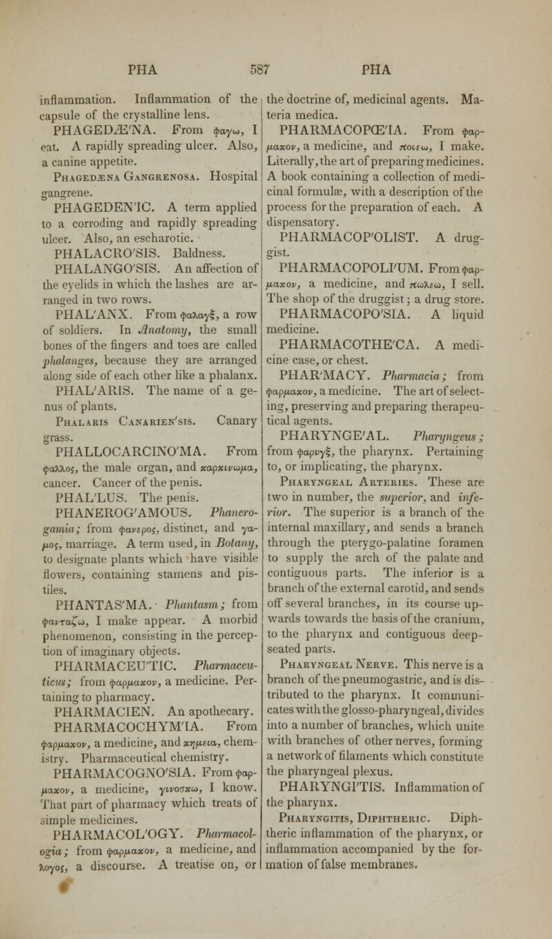 inflammation. Inflammation of the capsule of the crystalline lens. PHAGEDyE'NA. From *ayw, I eat. A rapidly spreading ulcer. Also, a canine appetite. Phaged.ena Gangrenosa. Hospital gangrene. PHAGEDENIC. A term applied to a corroding and rapidly spreading ulcer. Also, an escharotic. PHALACRO'SIS. Baldness. PHALANGO'SIS. An affection of the eyelids in which the lashes are ar- ranged in two rows. PHAL'ANX. From ^aXayl, a row of soldiers. In Anatomy, the small hones of the fingers and toes are called phalanges, because they are arranged along side of each other hke a phalanx. PHAL'APvIS. The name of a ge- nus of plants. Phalaris Canarien'sis. Canary grass. PHALLOCARCINO'MA. From ^aXKo;, the male organ, and xapxn/tofta, cancer. Cancer of the penis. PHAL'LUS. The penis. PHANEROG'AMOUS. Plmnero- gamia; from ^avapoj, distinct, and ya- /W05, marriage. A term used, in Botany, to designate plants which have visible flowers, containing stamens and pis- tiles. PHANTAS'MA. Phantasm; from ^avta^ui, I make appear. A morbid phenomenon, consisting in the percep- tion of imaginary objects. PHARMACEUTIC. Pluirmaceu- ticus; from ^ap;uaxor, a medicine. Per- taining to pharmacy. PHARMACIEN. An apothecary. PHARMACOCHYM'IA. From fapfiaxov, a medicine, and xtii^sm, chem- istry. Pharmaceutical chemistry. PHARMACOGNO'SIA. From^ap- ^axo«/, a medicine, yicooxw, I know. That part of pharmacy which treats of simple medicines. PHARMACOL'OGY. Pluormacol- ogia; from yop/iaxoi/, a medicine, and ;ioyoj, a discourse. A treatise on, or the doctrine of, medicinal agents. Ma- teria medica. PHARMACOPCETA. From ^ap- fxaxov, a medicine, and hoviw, I make. Literally, the art of preparing medicines. A book containing a collection of medi- cinal formulae, with a description of the process for the preparation of each. A dispensatory. PHARMACOP'OLIST. A drug- Crist. ° PHARMACOPOLI'UM. From^ap- fji.axov, a medicine, and huXcu,, I sell. The shop of the druggist; a drug store. PHARMACOPO'SIA. A liquid medicine. PHARMACOTHE'CA. A medi- cine case, or chest. PHAR'MACY. Pluirmacia; from ^apfiaxov, a medicine. The art of select- ing, preserving and preparing therapeu- tical agents. PHARYNGE'AL. Pharyngeus; from $apuy|, the pharynx. Pertaining to, or imphcating, the pharynx. Pharyngeal Arteries. These are two in number, the superior, and infe- rior. The superior is a branch of the internal maxillary, and sends a branch through the pterygo-palatine foramen to supply the arch of the palate and contiguous parts. The inferior is a branch of the external carotid, and sends off several branches, in its course up- wards towards the basis of ihe cranium, to the pharynx and contiguous deep- seated parts. Pharyngeal Nerve. This nerve is a branch of the pneumogastric, and is dis- tributed to the pharynx. It communi- cates with the glosso-pharyngeal, di vides into a number of branches, which unite with branches of other nerves, forming a network of filaments which constitute the pharyngeal plexus. PHARYNGITIS. Inflammation of the pharynx. Pharyngitis, Diphtheric. Diph- theric inflammation of the pharynx, or inflammation accompanied by the for- mation of false membranes.