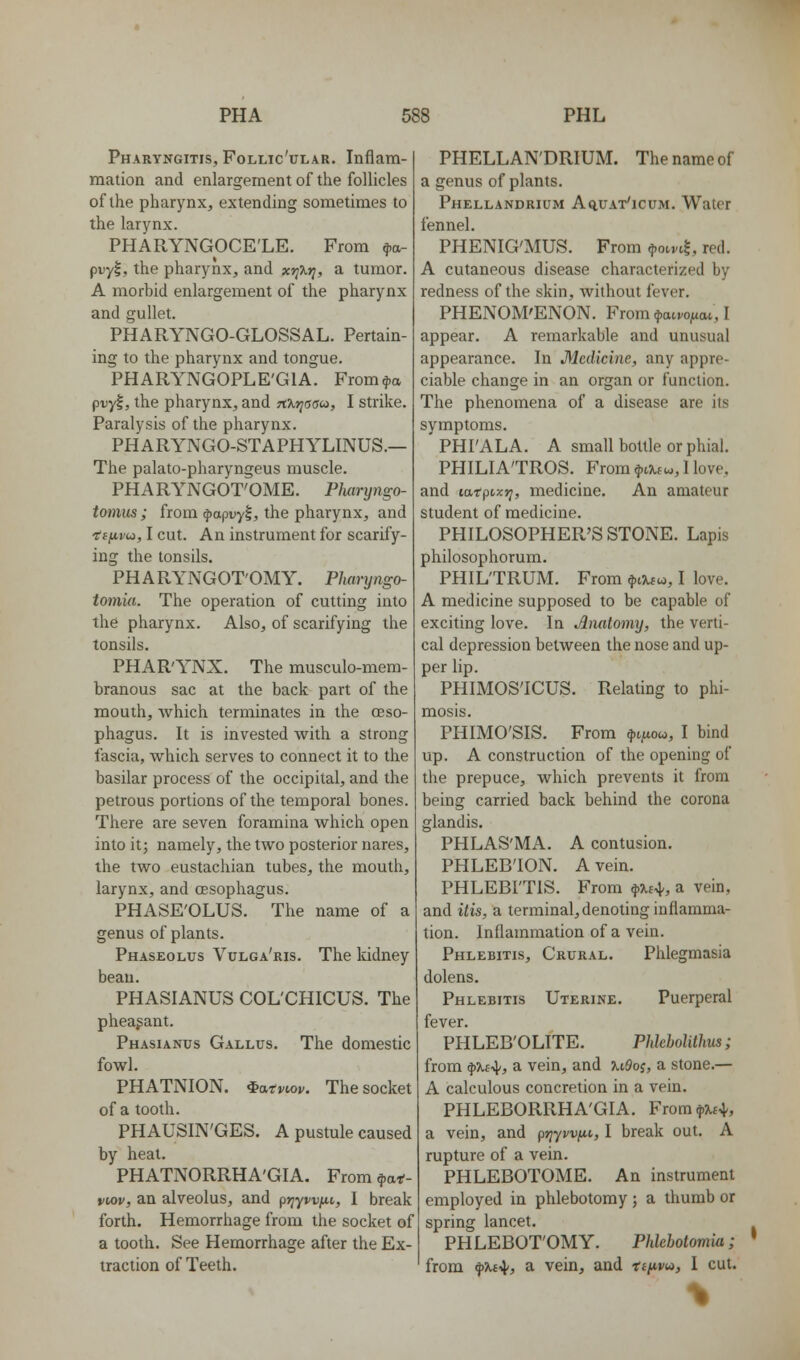 Pharyngitis, Follic'ular. Inflam- mation and enlargement of the follicles of the pharynx, extending sometimes to the larynx. PHARYNGOCE'LE. From $«- pvyl, the pharynx, and xrjXr;, a tumor. A morbid enlargement of the pharynx and gullet. PHARYNGO-GLOSSAL. Pertain- ing to the pharynx and tongue. PHARYNGOPLE'GIA. From^a puyl, the pharynx, and rCKridoui, I strike. Paralysis of the pharynx. PHARYNGO-STAPHYLINUS.— The palato-pharyngeus muscle. PHARYNGOT'OME. Plutryngo- totnus; from ^apuyl, the pharynx, and T'ffn'td, I cut. An instrument for scarify- ing the tonsils. PHARYNGOT'OMY. Pharyngo- tomia. The operation of cutting into the pharynx. Also, of scarifying the tonsils. PHAR'YNX. The musculo-mem- branous sac at the back part of the mouth, which terminates in the oeso- phagus. It is invested with a strong fascia, which serves to connect it to the basilar process of the occipital, and the petrous portions of the temporal bones. There are seven foramina which open into it; namely, the two posterior nares, the two eustachian tubes, the mouth, larynx, and oesophagus. PHASE'OLUS. The name of a genus of plants. Phaseolus Vulga'ris. The Icidney beau. PHASIANUS COL'CHICUS. The pheasant. Phasianus Gallus. The domestic fowl. PHATNION. ^atviov. The socket of a tooth. PHAUSIN'GES. A pustule caused by heat. PHATNORRHA'GIA. From ^at- vwv, an alveolus, and priywyn, I break forth. Hemorrhage from the socket of a tooth. See Hemorrhage after the Ex- traction of Teeth. PHELLAN'DRIUM. The name of a genus of plants. Phellandrium Aq,uat'icum. Water fennel. PHENIG'MUS. From ^oivtl, red. A cutaneous disease characterized by redness of the skin, Avithout fever. PHENOM'ENON. From (^mvohm, I appear. A remarkable and unusual appearance. In Medicine, any appre- ciable change in an organ or function. The phenomena of a disease are its symptoms. PHI'ALA. A small bottle or phial. PHILIA'TROS. From ^afw, I love, and ttttpiz^, medicine. An amateur student of medicine. PHILOSOPHER'S STONE. Lapis philosophorum. PHIL'TRUM. From ^.ijuw, I love. A medicine supposed to be capable of exciting love. In Anatomy, the verti- cal depression between the nose and up- per lip. PHIMOS'ICUS. Relating to phi- mosis. PHIMO'SIS. From 4>i/tow, I bind up. A construction of the opening of the prepuce, which prevents it from being carried back behind the corona glandis. PHLAS'MA. A contusion. PHLEB'ION. A vein. PHLEBITIS. From $5if4-, a vein, and itis, a terminal,denoting inflamma- tion. Inflammation of a vein. Phlebitis, Crural. Phlegmasia dolens. Phlebitis Uterine. Puerperal fever. PHLEB'OLITE. Phleholithus; from ^Ki^, a vein, and u9oi, a stone.— A calculous concretion in a vein. PHLEBORRHA'GIA. From^Xfit, a vein, and pj^yw^t, I break out, A rupture of a vein. PHLEBOTOME. An instrument employed in phlebotomy ; a thumb or spring lancet. PHLEBOT'OMY. Phlebotomia; ' from fu-^, a vein, and ttuvut, 1 cut.