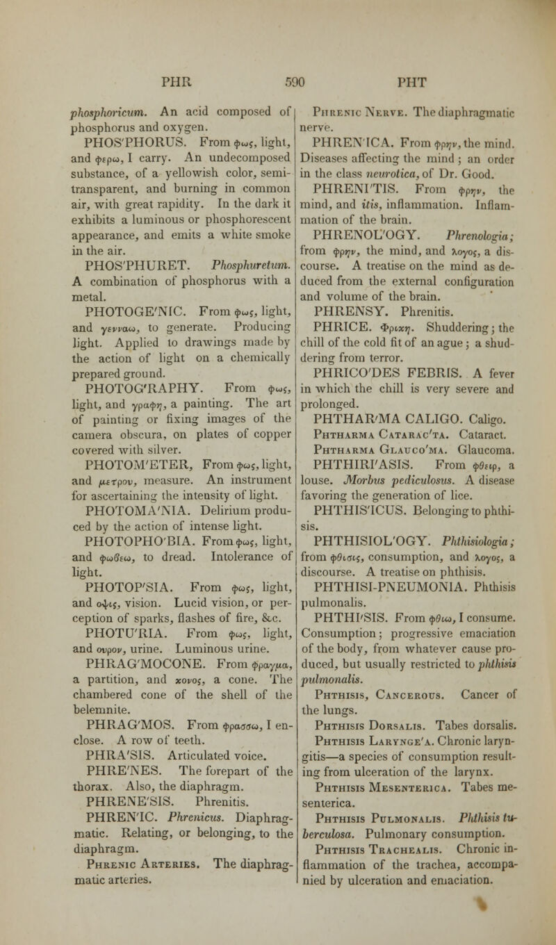 phosphoricum. An acid composed of phosphorus and oxygen. PHOS'PHORUS. From $^5, light, and 4)fpw, I carry. An undecomposed substance, of a yellowish color, semi- transparent, and burning in common air, with great rapidity. In the dark it exhibits a luminous or phosphorescent appearance, and emits a white smoke in the air. PHOS'PHURET. Phosphuretim. A combination of phosphorus with a metal. PHOTOGE'NIC. From ^coj, light, and yffww, to generate. Producing light. Applied to draAvings made by the action of light on a chemically prepared ground. PHOTOGTvAPHY. From (},coj, light, and ypa^rj, a painting. The art of painting or fixing images of the camera obscura, on plates of copper covered with silver. PHOTOM'ETER, From ^«5, light, and (*,srpov, measure. An instrument for ascertaining the intensity of hght. PHOTOMA'NIA. Delirium produ- ced by the action of intense light. PHOTOPHO'BIA. From twj, light, and $w(?fw, to dread. Intolerance of light. PHOTOP'SIA, From $5, light, and oij/ij, vision. Lucid vision, or per- ception of sparks, flashes of fire, &c. PHOTU'RIA. From ^coj, light, and ovpov, urine. Luminous urine. PHRAG'MOCONE. From <ppayfia, a partition, and xovoj, a cone. The chambered cone of the shell of the belemnite. PHRAG'MOS. From fpaaau, I en- close. A row of teeth. PHRA'SIS. Articulated voice. PHRE'NES. The forepart of the thorax. Also, the diaphragm. PHRENE'SIS. Phrenitis. PHREN'IC. Phrenicus. Diaphrag- matic. Relating, or belonging, to the diaphragm. Phrenic Arteries. The diaphrag- matic arteries. Phrenic Nerve. The diaphragmatic nerve. PHRENICA. From tp»7v,the mind. Diseases affecting the mind ; an order in the class neurotica, of Dr. Good. PHRENI'TIS. From fprjv, the mind, and ids, inflammation. Inflam- mation of the brain. PHRENOL'OGY. Phrenologia; from ^pr;v, the mind, and Xoyoj, a dis- course. A treatise on the mind as de- duced from the external configuration and volume of the brain. PHRENSY. Phrenitis. PHRICE. *pix>7. Shuddering; the chill of the cold fit of an ague; a shud- dering from terror. PHRICO'DES FEBRIS. A fever in which the chill is very severe and prolonged. PHTHAR'MA CALIGO. Caligo. Phtharma Catarac'ta. Cataract. Phtharma Glauco'ma. Glaucoma. PHTHIRI'ASIS. From ^Oap, a louse. Morbtis pediculosus. A disease favoring the generation of lice. PHTHIS'ICUS. Belonging to phthi- sis. PHTHISIOL'OGY. Phthmologia; from 4)9i(ji5, consumption, and ^.oyo;, a discourse. A treatise on phthisis. PHTHISI-PNEUMONIA. Phthisis pulmonalis. PHTHPSIS. From ^Om, I consume. Consumption; progressive emaciation of the body, from whatever cause pro- duced, but usually restricted to phthisis pulmonalis. Phthisis, Cancerous. Cancer of the lungs. Phthisis Dorsalis. Tabes dorsalis. Phthisis Larynge'a. Chronic laryn- gitis—a species of consumption result- ing from ulceration of the larynx. Phthisis Mesenteric a. Tabes me- senterica. Phthisis Pulmonalis. PlUhisistUr berculosa. Pulmonary consumption. Phthisis Trachealis. Chronic in- flammation of the trachea, accompa- nied by ulceration and emaciation.