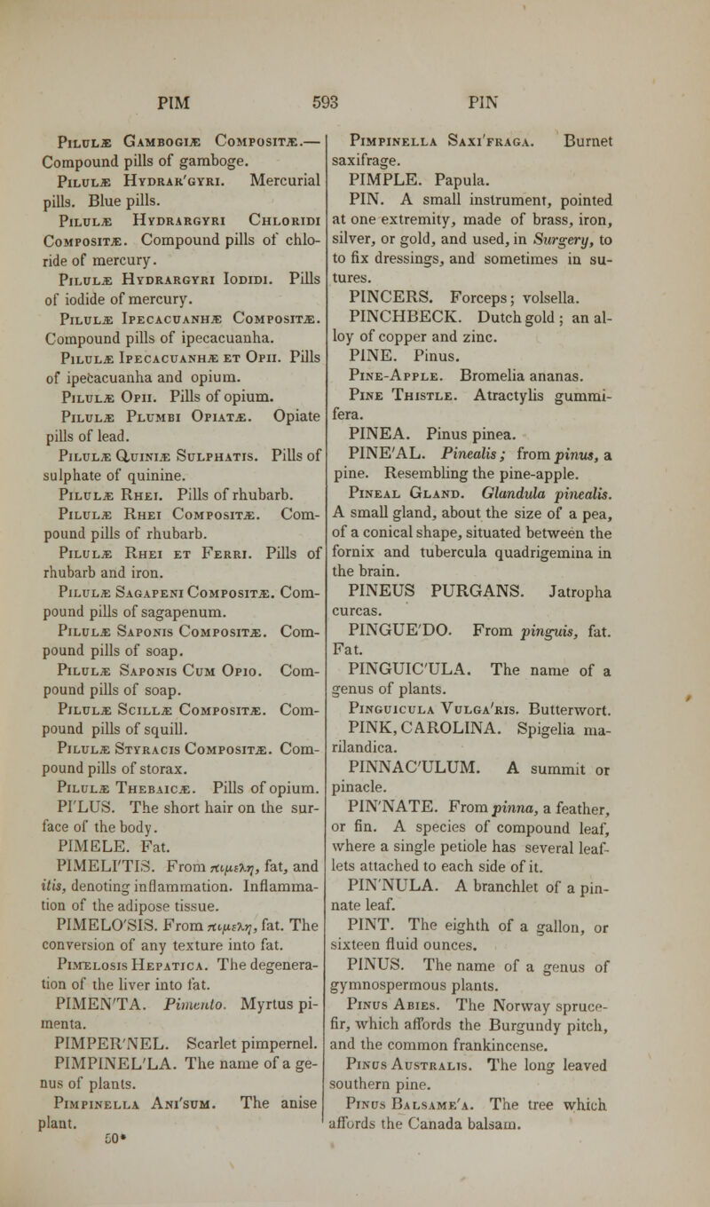 Pilule: Gambogi^ Compositje.— Compound pills of gamboge. Pilule: Hydrar'gyri. Mercurial pills. Blue pills. PlLTJL;E HyDRARGYRI ChLORIDI Composite. Compound pills of chlo- ride of mercury. PiLUL* HyDRARGYRI lODIDl. Pills of iodide of mercury. Pilule; Ipecacuanhje Composite:. Compound pills of ipecacuanha. PiluljE Ipecacuanha et Opii. Pills of ipecacuanha and opium. PiluljE Opii. Pills of opium. Pilule Plumbi Opiate. Opiate pills of lead. PiLULjE Q,UINIiE SULPHATIS. Pills of sulphate of quinine. Pilule Rhei. Pills of rhubarb. PiLULJE Rhei CoMPosixai. Com- pound pills of rhubarb. Pilule Rhei et Ferri. Pills of rhubarb and iron. PiLULffi Sagapeni CoMPosiTiE. Com- pound piUs of sagapenum. PiLCLJE Saponis Composite;. Com- pound pills of soap. Pilul;e Saponis Cum Opio. Cora- pound pills of soap. PiLULJE ScilljE Composite;. Com- pound pills of squill. PiLULJE Styracis CoMPOsiT^i. Com- pound pills of storax. PiLUL,E Thebaice. Pills of opium. PI'LUS. The short hair on the sur- face of the body. PIMELE. Fat. PIMELI'TIS. From rti^s^j?, fat, and itis, denoting inflammation. Inflamma- tion of the adipose tissue. PIMELO'SIS. From nofisXrj, fat. The conversion of any texture into fat. PiMELosis Hepatica. The degenera- tion of the liver into fat. PIMEN'TA. Pimento. Myrtus pi- menta. PIMPER'NEL. Scarlet pimpernel. PIMPINEL'LA. The name of a ge- nus of plants. Pimpinella Ani'sum. The anise plant. 50* Pimpinella Saxi'fraga. Burnet saxifrage. PIMPLE. Papula. PIN. A small instrument, pointed at one extremity, made of brass, iron, silver, or gold, and used, in Surgery, to to fix dressings, and sometimes in su- tures. PINCERS. Forceps; volsella. PINCHBECK. Dutch gold; an al- loy of copper and zinc. PINE. Pinus. Pine-Apple. Bromelia ananas. Pine Thistle. Atractylis gummi- fera. PINEA. Pinus pinea. PINE'AL. Pinealis ; from pinus, a. pine. Resembling the pine-apple. Pineal Gland. Glandula pinealis. A small gland, about the size of a pea, of a conical shape, situated between the fornix and tubercula quadrigemina in the brain. PINEUS PURGANS. Jatropha curcas. PINGUE'DO. From pinguis, fat. Fat. PINGUIC'ULA. The name of a genus of plants. PiNGuicuLA Vulga'ris. Butterwort. PINK, CAROLINA. Spigelia ma- rilandica. PINNAC'ULUM. A summit or pinacle. PIN'NATE. From pnna, a feather, or fin. A species of compound leaf, where a single petiole has several leaf- lets attached to each side of it. PIN'NULA. A branchlel of a pin- nate leaf. PINT. The eighth of a gallon, or sixteen fluid ounces. PINUS. The name of a genus of gymnospermous plants. Pinus Abies. The Norway spruce- fir, which affords the Burgundy pitch, and the common frankincense. Pinus Australis. The long leaved southern pine. Pinus Balsame'a. The tree which affords the Canada balsam.