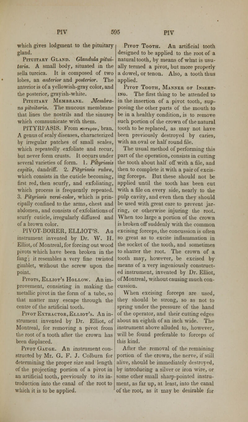 which gives lodgmeat to the pituitary gland. Pituitary Gland. Glandula pitui- taria. A small body, situated in the sella turcica. It is composed of two lobes, an anterior and posterior. The anterior is of a yellowish-gray color, and the posterior, grayish-white. Pituitary Membrane. Membra- na pituitaria. The mucous membrane that lines the nostrils and the sinuses which communicate with them. PITYRI'ASIS. From rtitv?ov, bran. A genus of scaly diseases, characterized by irregular patches of small scales, which repeatedly exfoliate and recur, but never form crusts. It occurs under several varieties of form. 1. Pityriasis capitis, dandriff. 2. Pity^'iasis rubra, which consists in the cuticle becoming, first red, then scurfy, and exfoliating, which process is frequently repeated. 3. Pityriasis versi-colm', which is prin- cipally confined to the arms, chest and abdomen, and consists of exfoliations of scurfy cuticle, irregularly diffused and of a brown color. PIVOT-BORER, ELLIOT'S. An instrument invented by Dr. W. H. Elliot, of Montreal, for forcing out wood pivots which have been broken in the fang; it resembles a very fine twisted gimblet, without the screw upon the point. Pivots, Elliot's Hollow. An im- provement, consisting in making the metallic pivot in the form of a tube, so that matter may escape through the centre of the artificial tooth. Pivot Extractor, Elliot's. An in- strument invented by Dr. Elliot, of Montreal, for removing a pivot from the root of a tooth after the crown has been displaced. Pivot Gauge. An instrument con- structed by Mr. G. F. J. Colburn for determining the proper size and length of the projecting portion of a pivot in an artificial tooth, previously to its in- troduction into the canal of the root to which it is to be applied. Pivot Tooth. An artificial tooth designed to be applied to the root of a natural tooth, by means of what is usu- ally termed a pivot, but more properly a dowel, or tenon. Also, a tooth thus applied. Pivot Tooth, Manner of Insert- ing. The first thing to be attended to in the insertion of a pivot tooth, sup- posing the other parts of the mouth to be in a healthy condition, is to remove such portion of the crown of the natural tooth to be replaced, as may not have been previously destroyed by caries, with an oval or half round file. The usual method of performing this part of the operation, consists in cutting the tooth about half off with a file, and then to complete it with a pair of excis- ing forceps. But these should not be applied until the tooth has been cut with a file on every side, nearly to the pulp cavity, and even then they should be used with great care to prevent jar- ring, or otherwise injuring the root. When too large a portion of the crown is broken off suddenly with the common excising forceps, the concussion is often so great as to excite inflammation in the socket of the tooth, and sometimes to shatter the root. The crown of a tooth may, however, be excised by means of a very ingeniously construct- ed instrument, invented by Dr. Elliot, of Montreal, without causing much con- cussion. When excising forceps are used, they should be strong, so as not to spring under the pressure of the hand of the operator, and their cutting edges about an eighth of an inch wide. The instrument above alluded to, however, will be found preferable to forceps of this kind. After the removal of the remaining portion of the crown, the nerve, if still alive, should be immediately destroyed, by introducing a silver or iron wire, or some other small sharp-pointed instru- ment, as far up, at least, into the canal of the root, as it may be desirable for